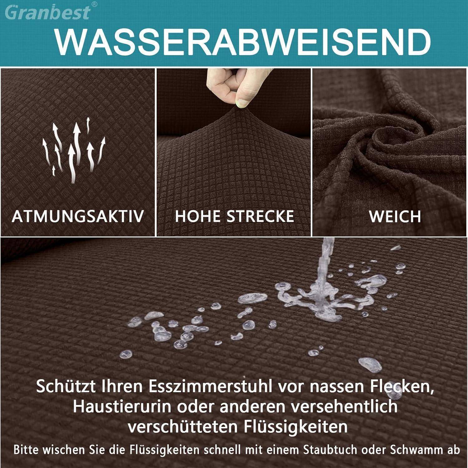 Stuhlüberzug ‚wasserabweisend', atmungsaktiv, dehnbar, weich. Zeigt Wasserresistenz. Text empfiehlt schnelles Reinigen von Flecken.