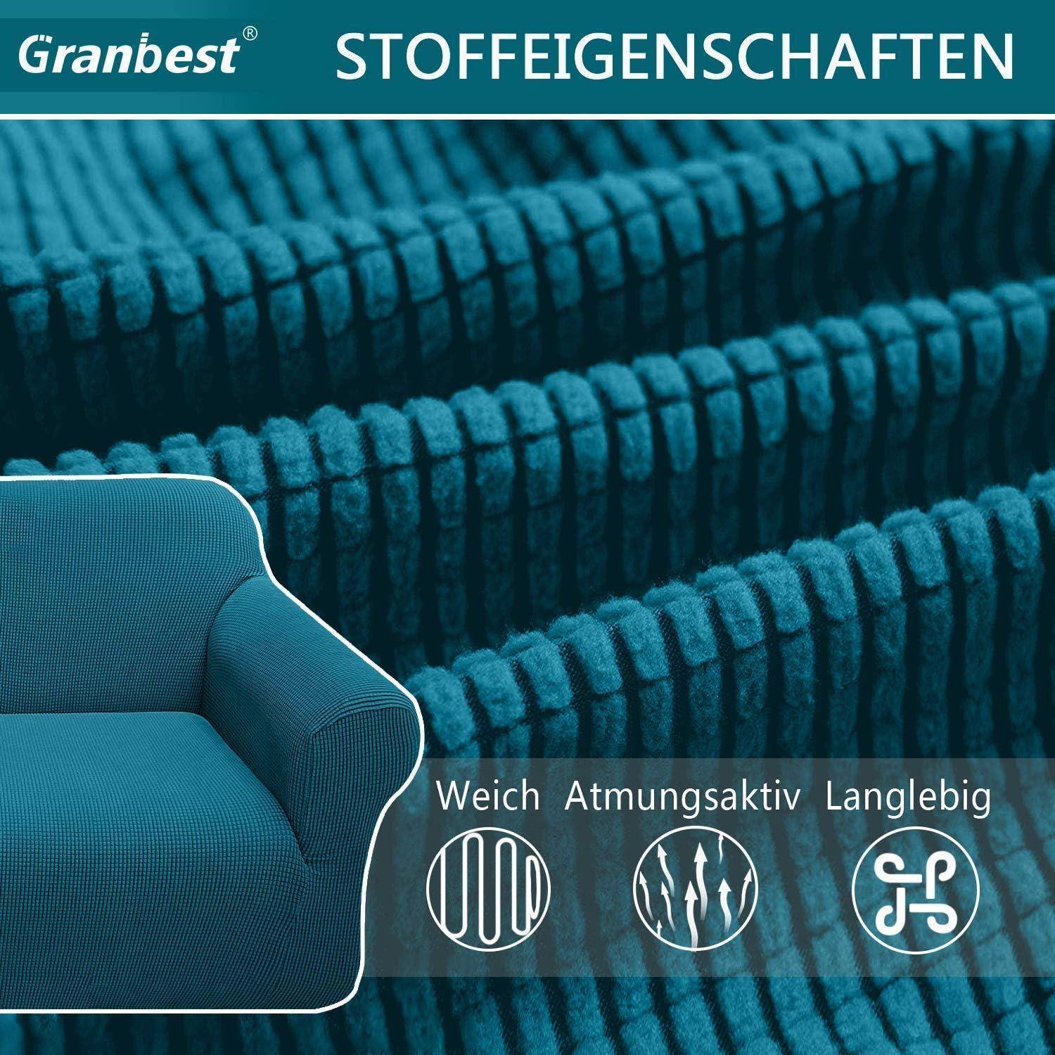 Blaue Gewebetextur mit geripptem Muster, mit einem kleinen Bild eines blauen Sessels. Schlüsselwörter: 'Weich', 'Atmungsaktiv', 'Langlebig'.