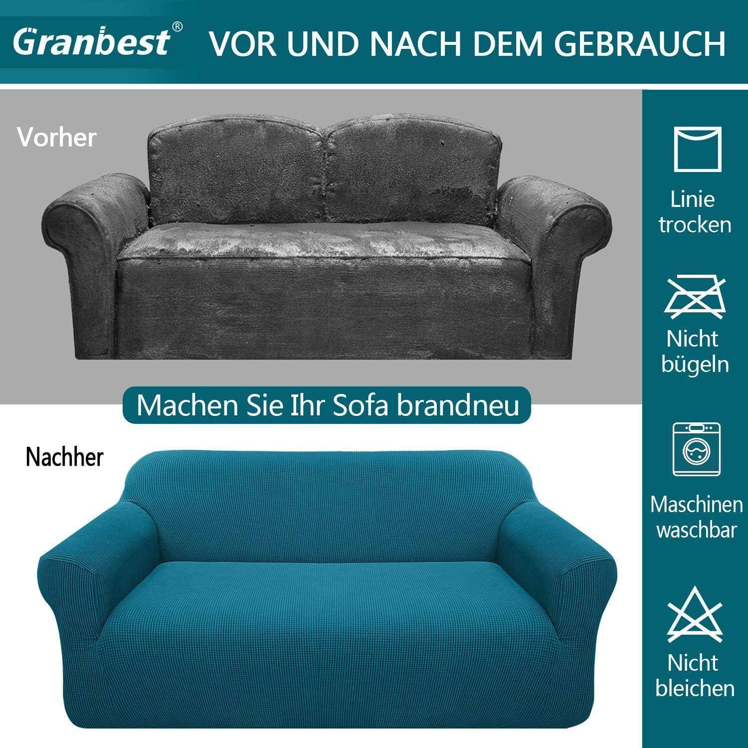 Das Bild zeigt einen Sofabezug im 'Vorher' und 'Nachher' Zustand. Der 'Vorher'-Zustand ist ein abgenutzter grauer Bezug, während der 'Nachher'-Zustand ein lebendiger blauer Bezug ist. Die Anweisungen umfassen: Zum Trocknen aufhängen, nicht bügeln, maschinell waschbar, keine Bleichmittel verwenden.