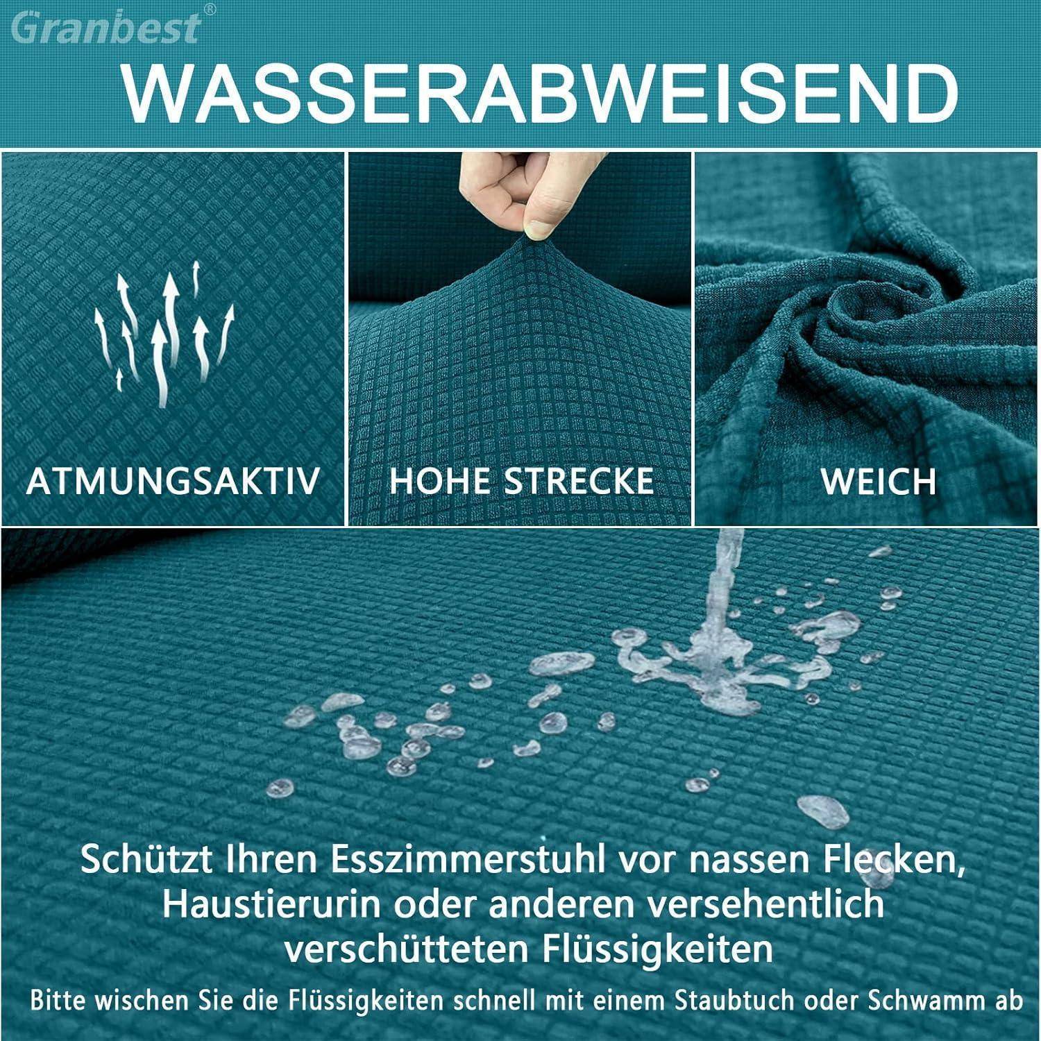 Das Bild zeigt einen türkisfarbenen Stoff mit den Wörtern 'WASSERABWEISEND', 'ATMUNGSAKTIV', 'HOHE STRECKE' und 'WEICH'. Wassertropfen sind auf dem Stoff zu sehen, was die Wasserabweisung, Atmungsaktivität und Weichheit verdeutlicht. Der deutsche Text beschreibt den Schutz vor Verschüttungen.