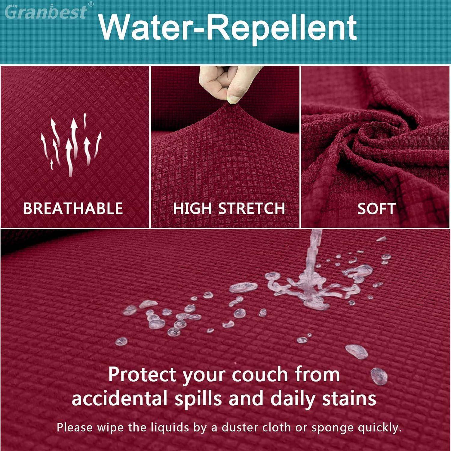 Rotes Gewebe mit Wörtern 'Atmungsaktiv,' 'Hohe Dehnbarkeit,' 'Weich.' Wassertropfen auf Gewebsoberfläche. Text: 'Wasserabweisend. Schützen Sie Ihr Sofa vor Verschüttungen.