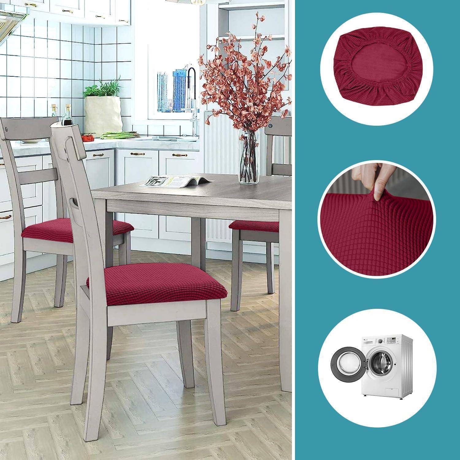 Esszimmer mit einem Holztisch und vier Stühlen mit roten Sitzkissen, eine Vase mit rosa Blumen auf dem Tisch. Einblendungen zeigen Nahaufnahmen des Stuhlkissenbezugs und einer Waschmaschine, die maschinenwaschbare Bezüge andeuten.