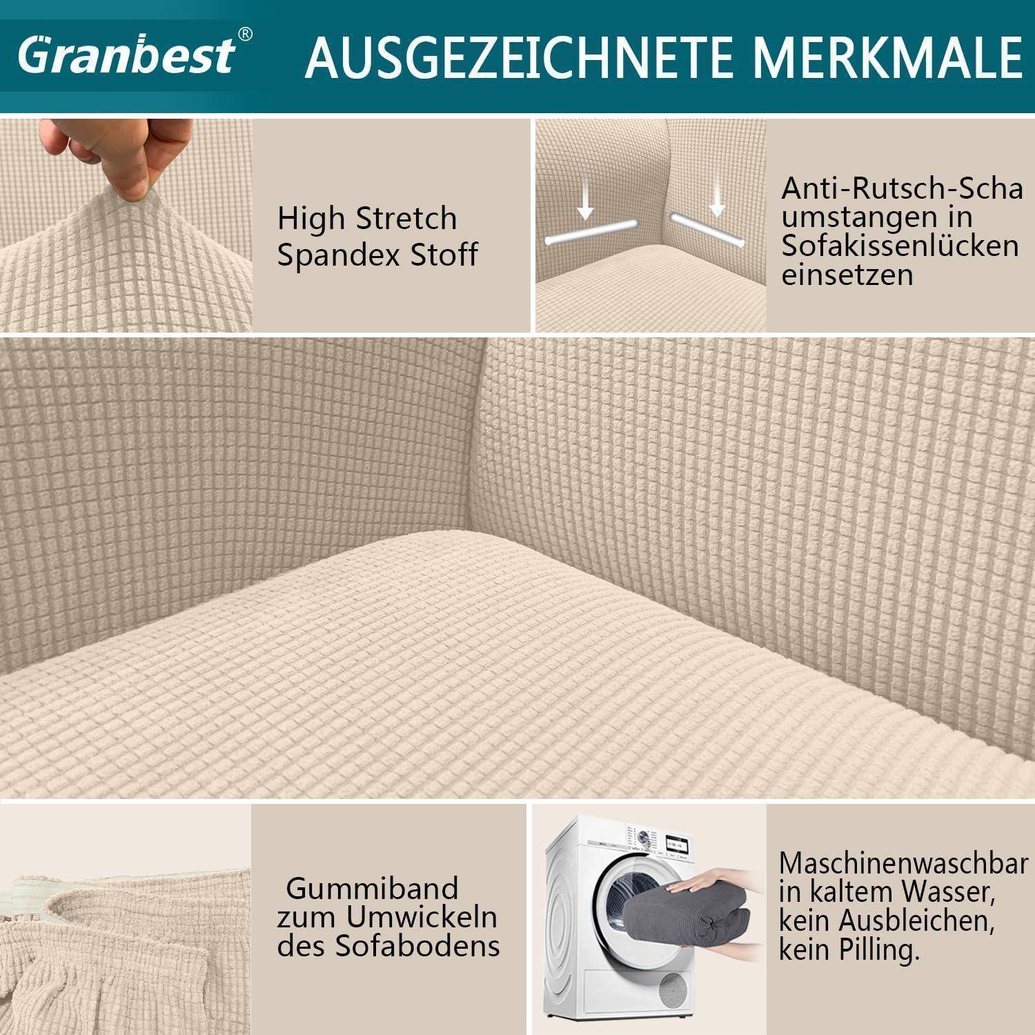 Das Bild zeigt einen strukturierten Sofabezug mit Pfeilen, die Anti-Rutsch-Schaumstreifen und elastische Bänder anzeigen. Eine Waschmaschine deutet darauf hin, dass der Bezug maschinenwaschbar ist.