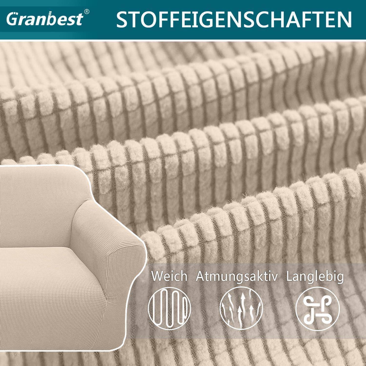 Ein beiger strukturierter Sofastoff mit Eigenschaften: 'Weich', 'Atmungsaktiv' und 'Langlebig'.