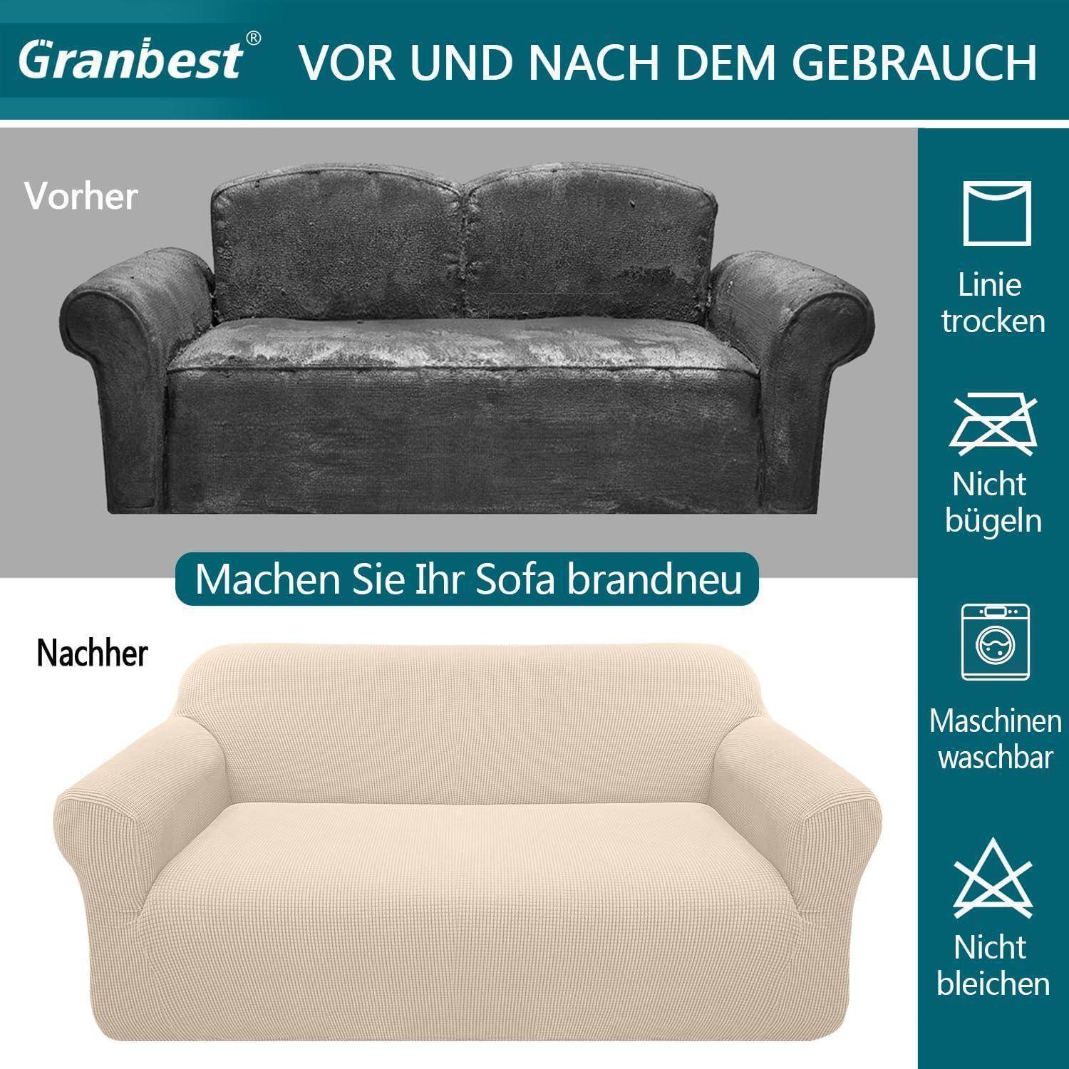 Vorher' zeigt ein abgenutztes dunkles Sofa. 'Nachher' präsentiert ein aufgefrischtes beiges Sofa mit Sesselüberzug. Zu den Merkmalen gehören maschinenwäschetauglich und kein Bügeln erforderlich.