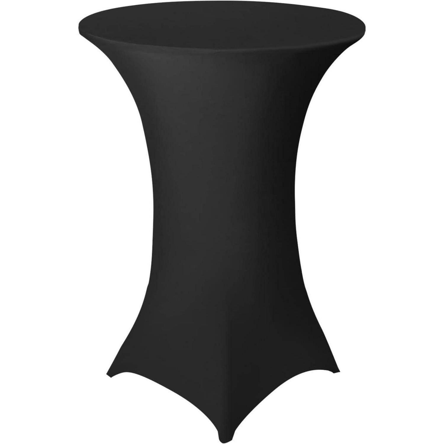 Ein hoher, runder schwarzer Tisch mit passendem Überzug, der für Veranstaltungen und Zusammenkünfte verwendet wird und ein elegantes und modernes Erscheinungsbild bietet.