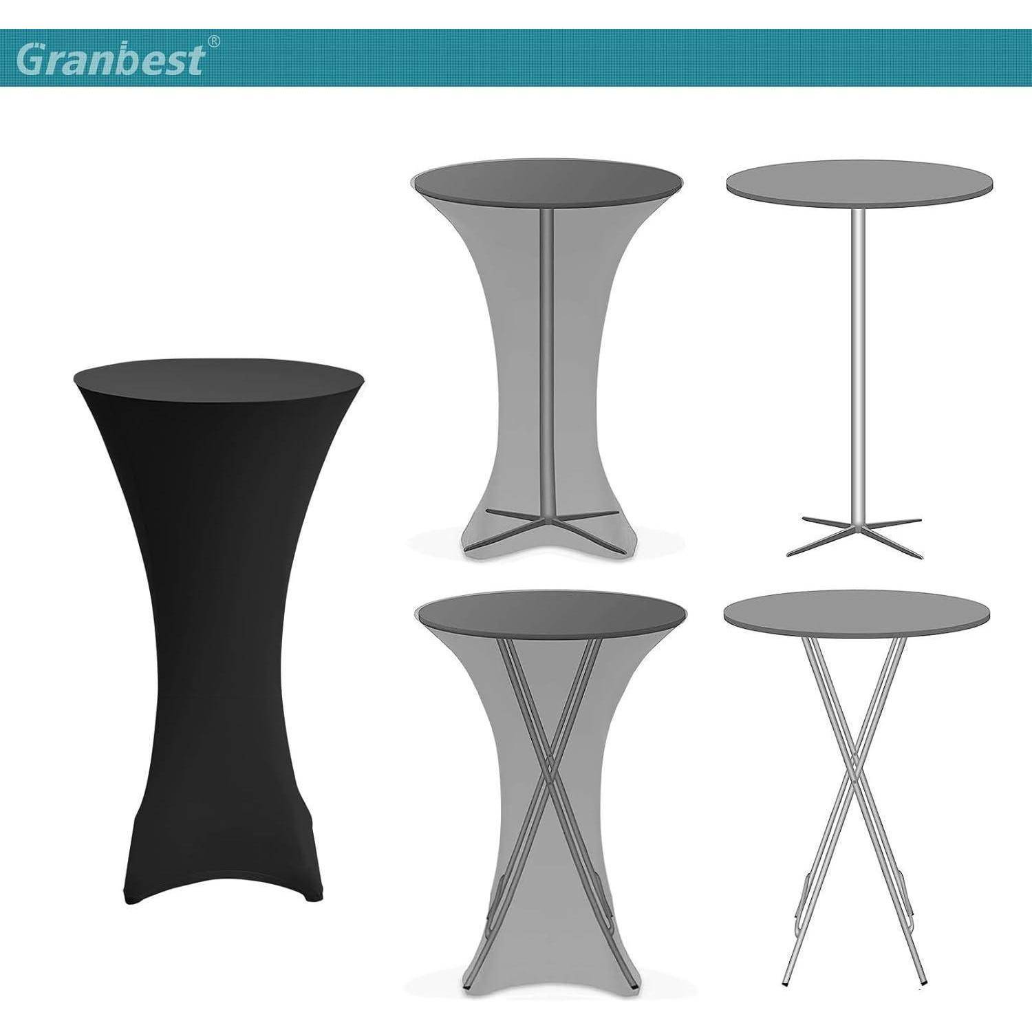 Granbest' Logo über Illustrationen von fünf runden Cocktailtischen mit verschiedenen Bezügen und Designs, die Optionen für Eventmobiliar präsentieren.
