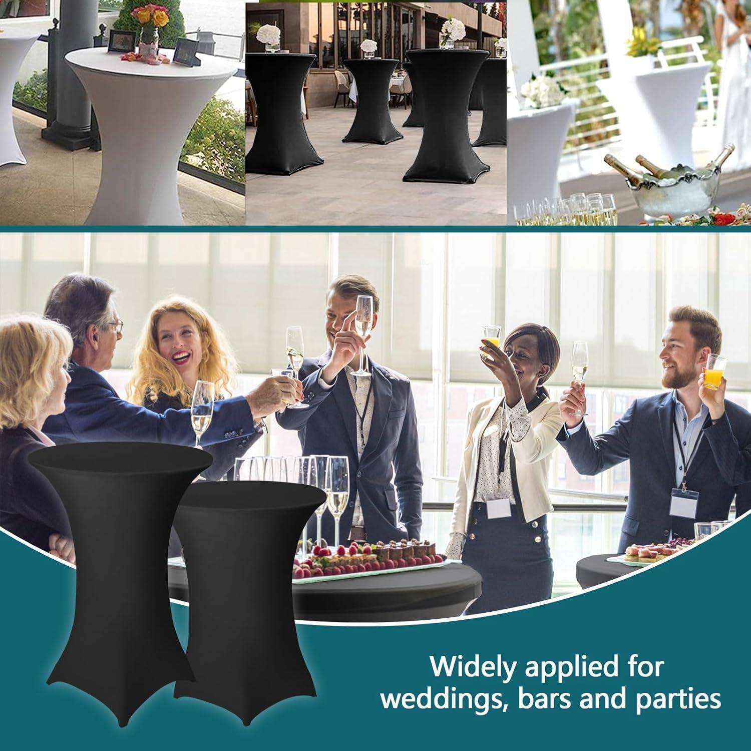Eine Collage, die Stehtische mit Bezügen bei verschiedenen Veranstaltungen wie Hochzeiten, Bars und Partys zeigt. Text lautet: 'Weit verbreitet bei Hochzeiten, Bars und Partys'.