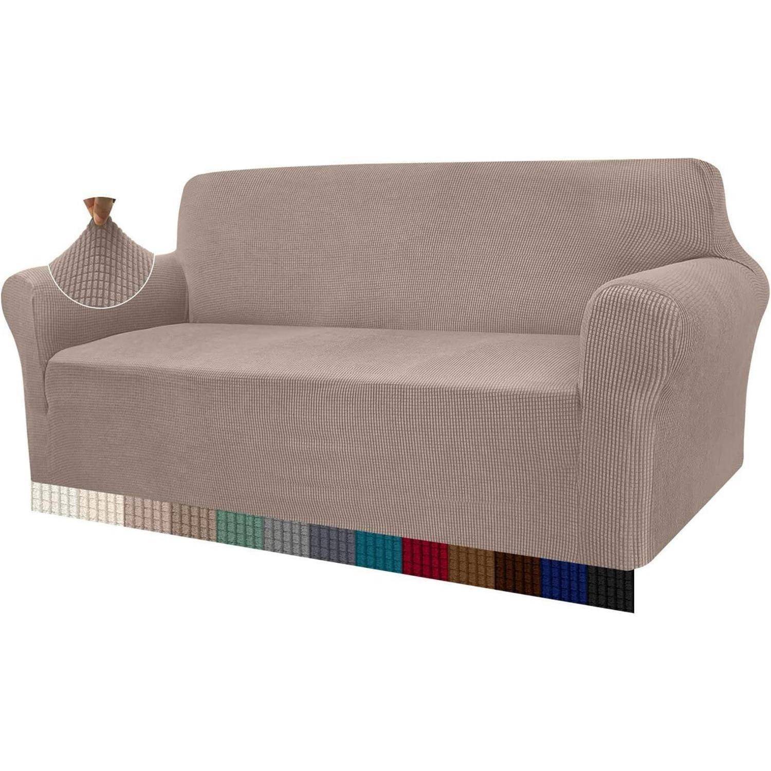 Ein beiger Sofa mit abnehmbarem Überzug wird mit Gewebestruktur-Detail in einem eingefügten Kreis gezeigt. Ein Farbmuster bietet verschiedene Nuancen.