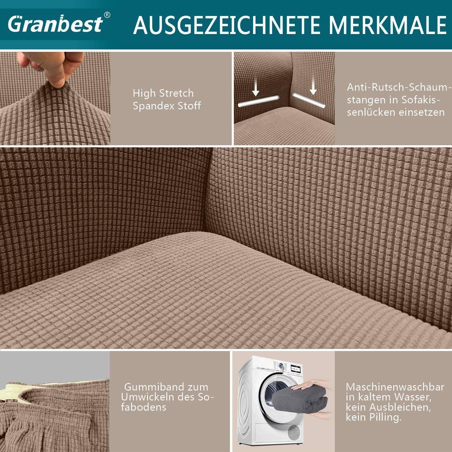 Eine braune Sofaabdeckung aus hochelastischem Stoff und rutschfestem Schaum. Zu den Merkmalen gehören ein elastisches Band und maschinenwaschbares Material.