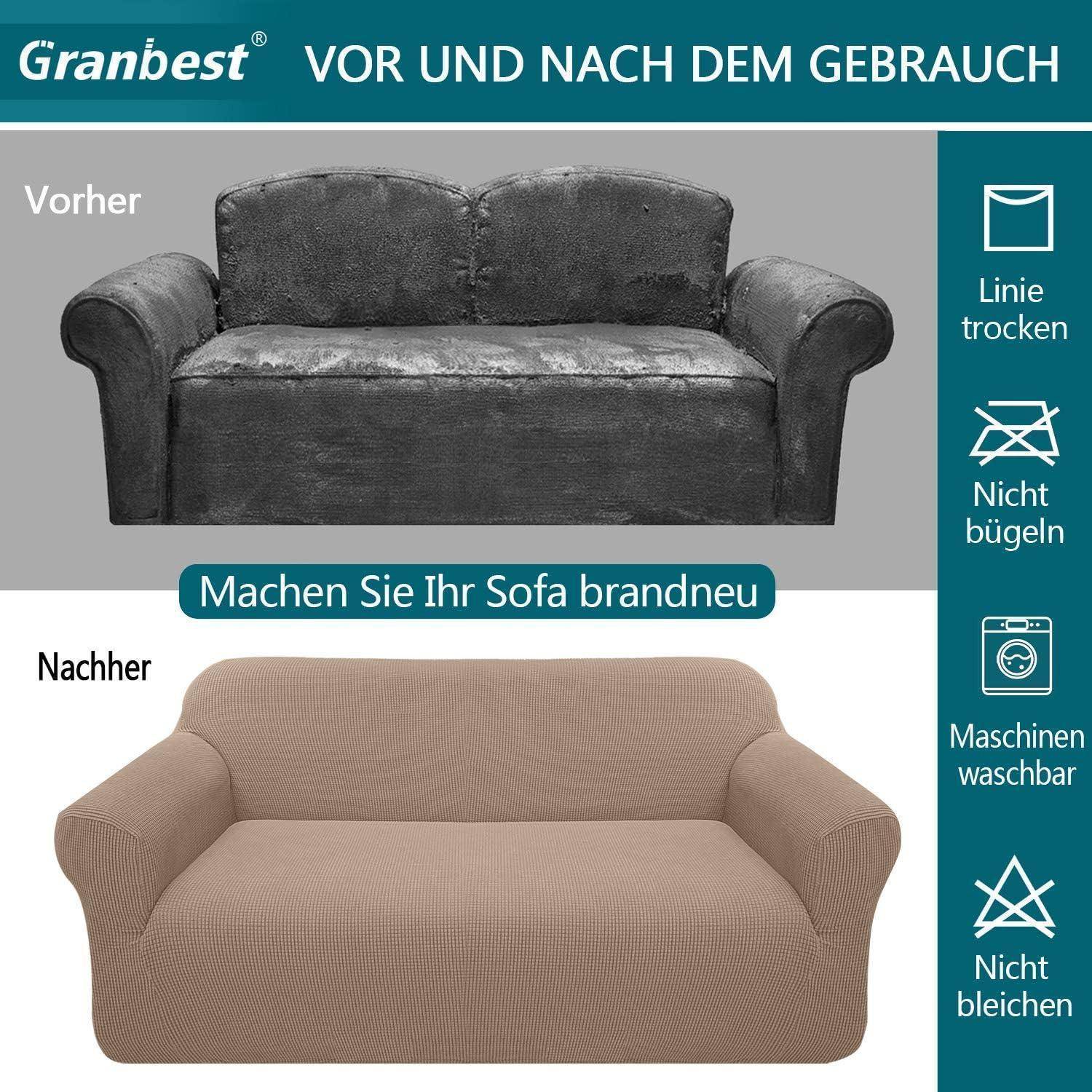 Vor und nach dem Gebrauch' Bild zeigt eine Couchdecke vor und nach dem Gebrauch. Oben: dunkel und abgenutzt; unten: hellbraun und neu. Pflegehinweise umfassen 'Lufttrocknen', 'Nicht bügeln', 'Maschinenwäsche', 'Nicht bleichen'.