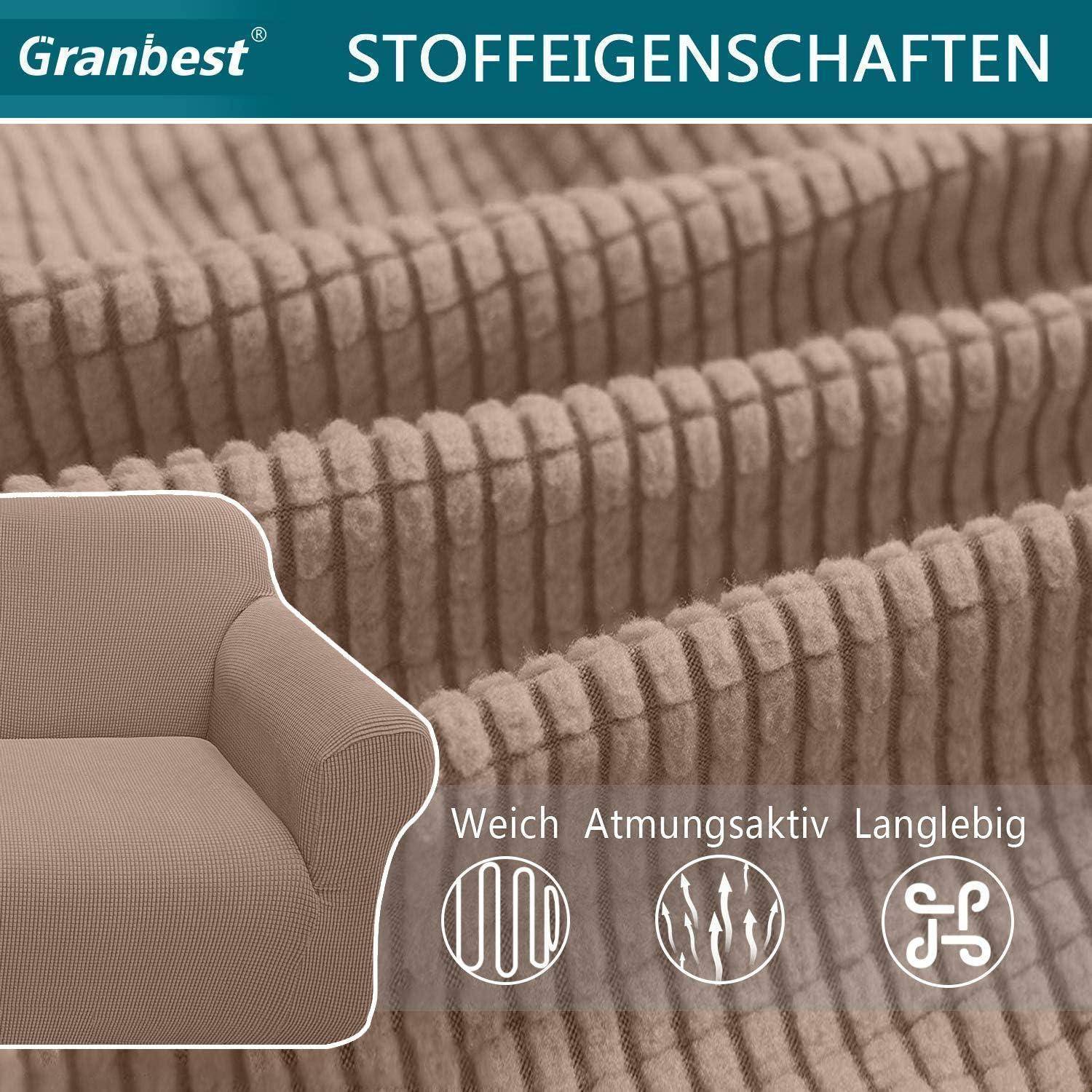 Ein strukturierter, gerippter Stoff in Braun zeigt die Eigenschaften: weich ('Weich'), atmungsaktiv ('Atmungsaktiv') und langlebig ('Langlebig') mit Symbolen.