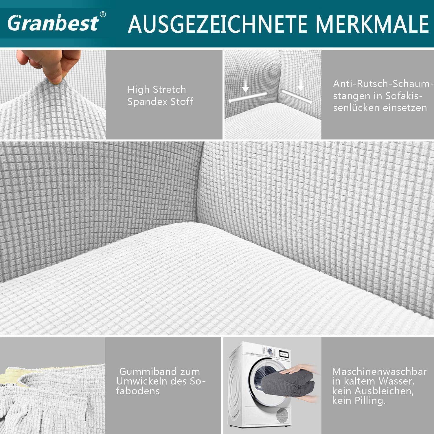 Das Bild zeigt einen Sofabezug mit folgenden Eigenschaften: dehnbarer Stoff, rutschhemmende Rückseite, elastischer Saum und bei kaltem Wasser maschinell waschbar.