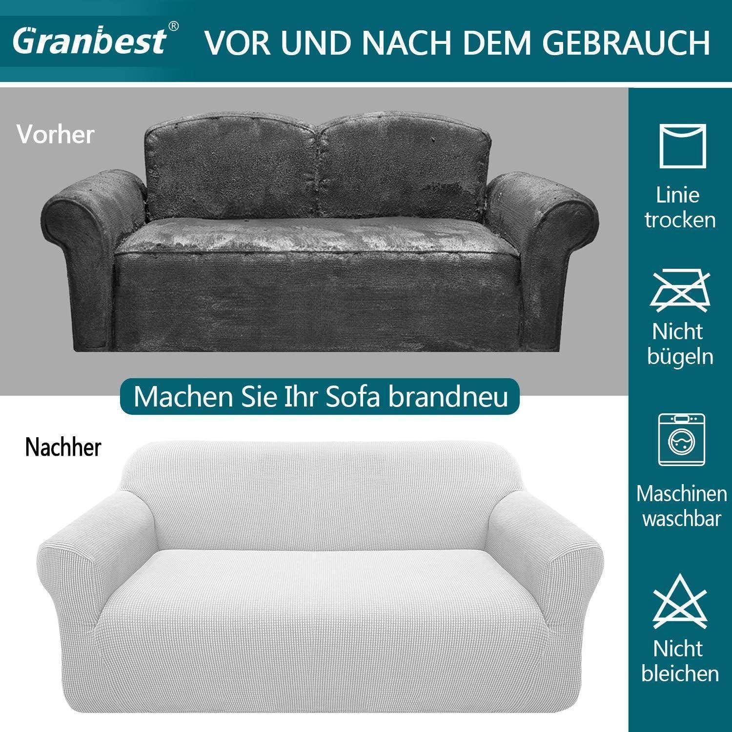 Grauer Sessel mit der Bezeichnung 'Vorher' oben; weißer Sessel mit der Bezeichnung 'Nachher' unten. Text: 'Machen Sie Ihr Sofa brandneu'. Symbole deuten Pflegehinweise an.