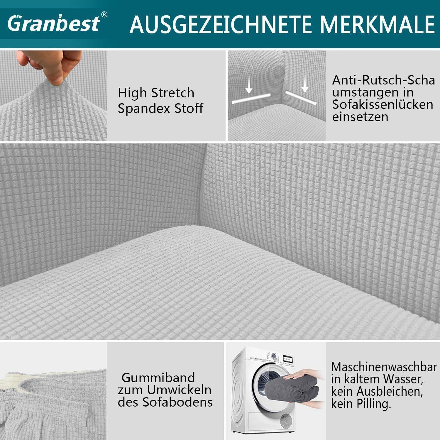 Granbest' Couchbezug Merkmale: dehnbarer Spandex-Stoff, rutschfeste Schaumstoffeinsätze, vollständige Abdeckung mit passgenauer Passform, maschinenwaschbar.