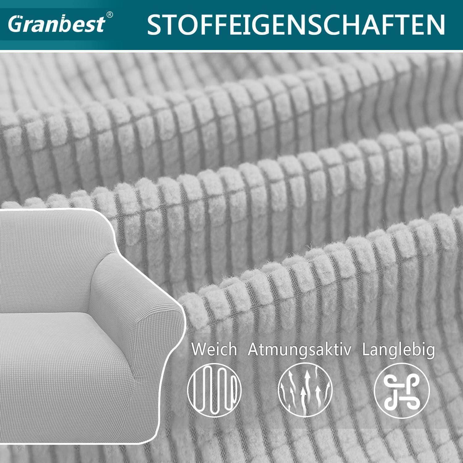 Ein grauer Couch mit Text 'Granbest' oben, darunter 'STOFFEIGENSCHAFTEN' und Symbole mit der Beschriftung 'Weich', 'Atmungsaktiv', 'Langlebig'.