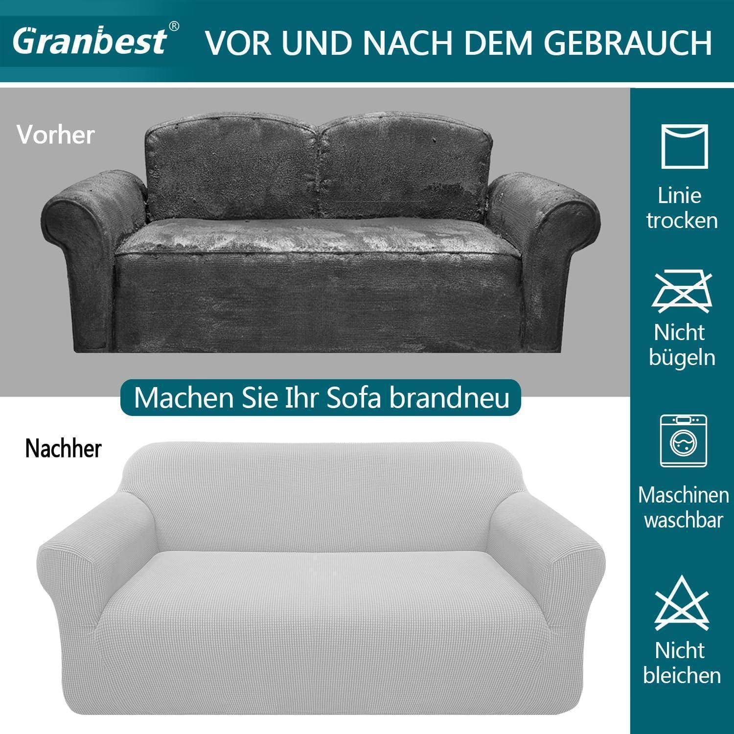 Ein geteiltes Bild, das einen dunklen Couch 'Vorher' und einen helleren Couchbezug 'Nachher' zeigt. Anweisungen: lufttrocknen, nicht bügeln, maschinell waschbar, nicht bleichen.