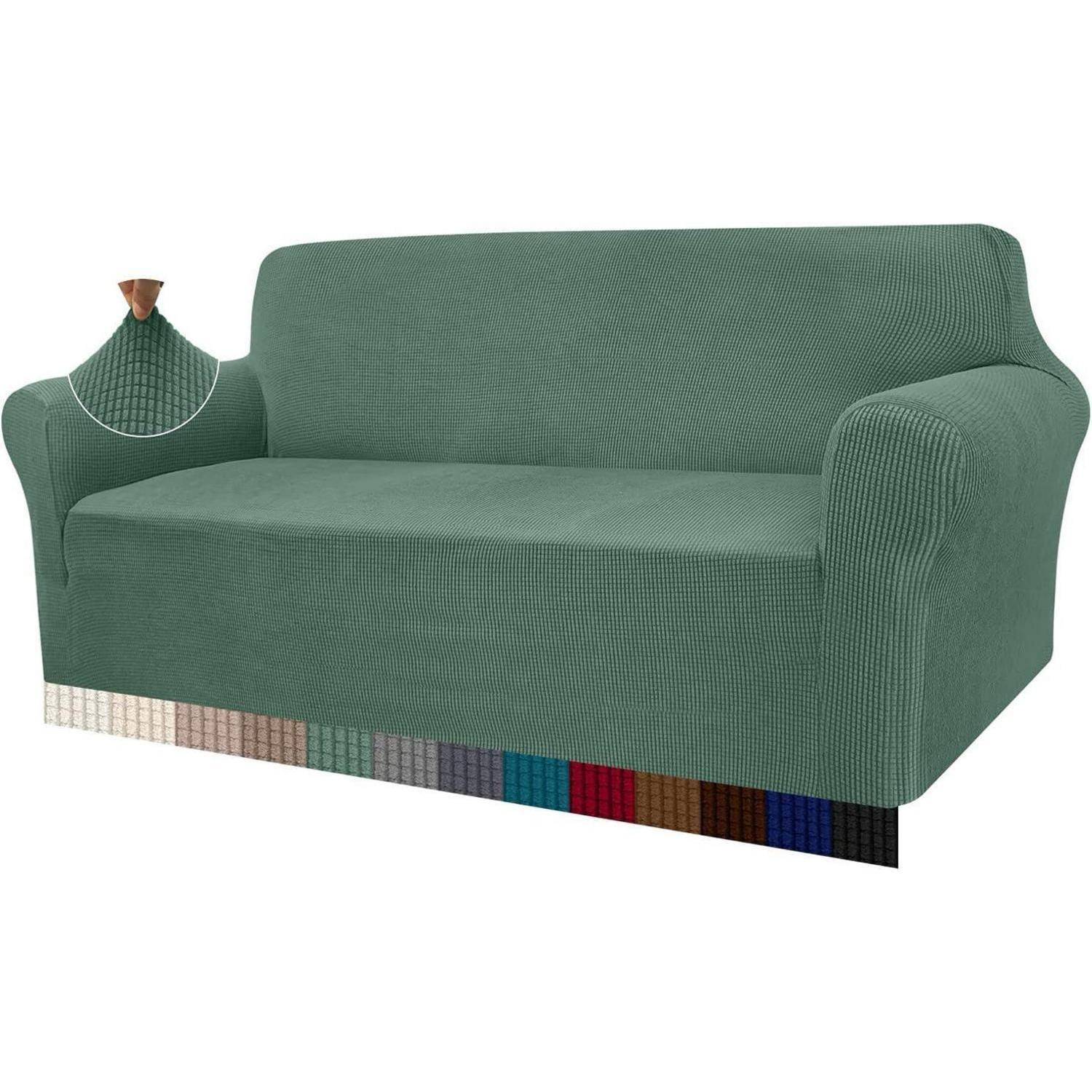 Grünes Sofa mit einem Bezug aus strukturiertem Stoff und abgerundeten Armlehnen. Farbmuster in verschiedenen Farben sind unten zur Individualisierung abgebildet.