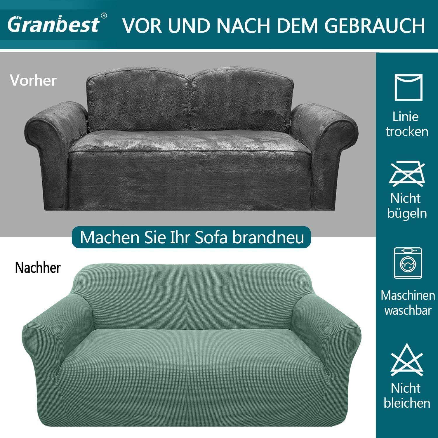 Vergleichsbild mit einem abgenutzten grauen Sofa, beschriftet mit 'Vorher' und einem aufgefrischten grünen Sofa, beschriftet mit 'Nachher'. Text lautet 'Machen Sie Ihr Sofa brandneu'.