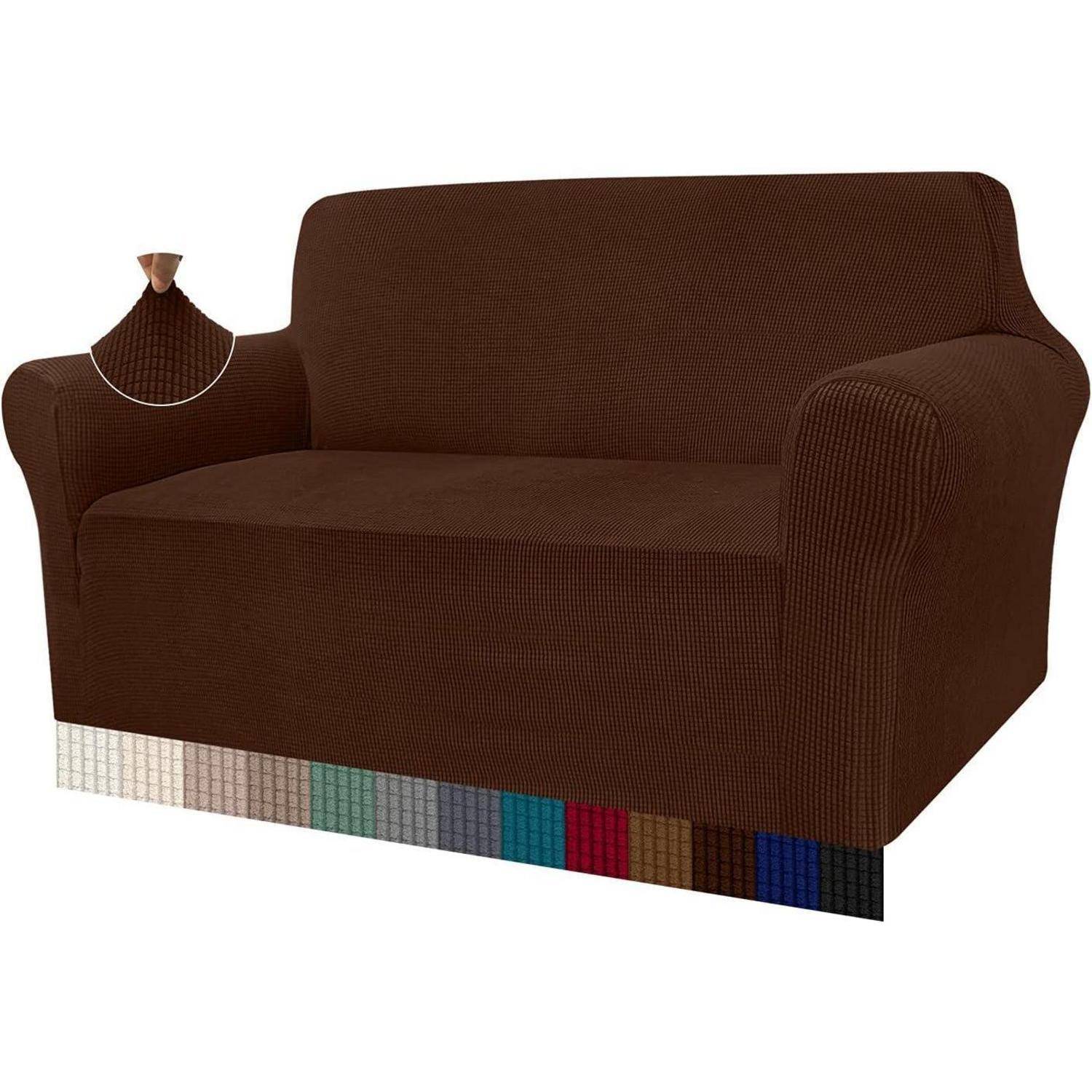 Brauner Überwurf für ein Zweisitzer-Sofa mit detaillierter Nahaufnahme der Textur, der 19 Farboptionen unterhalb zur individuellen Auswahl anzeigt.