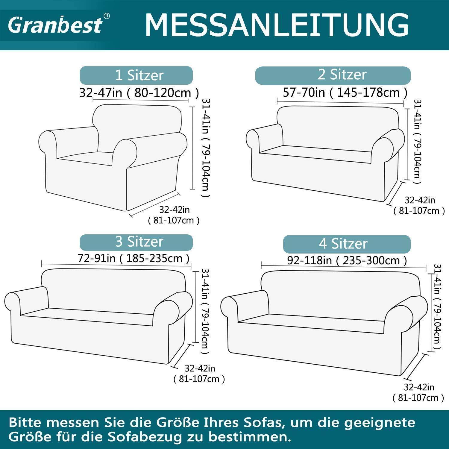 MESSANLEITUNG': Diagramm zur Sofagröße: 1-Sitzer, 2-Sitzer, 3-Sitzer, 4-Sitzer mit entsprechenden Maßen.