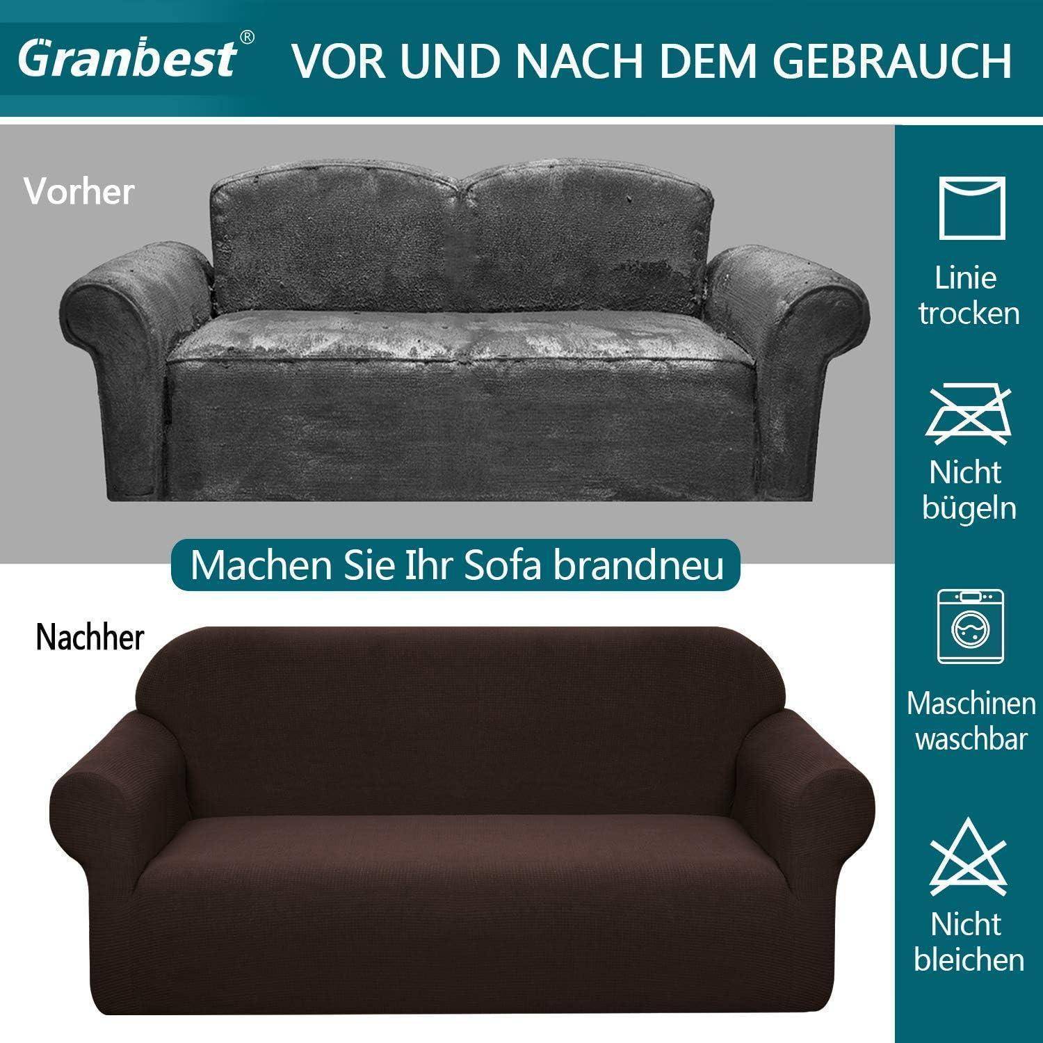 Gränbest: Vorher/Nachher Sofa-Veränderung'. Oben: Abgenutztes Sofa. Unten: Neues Sofa mit Bezug. Text: 'Linie trocknen', 'Nicht bügeln', 'Maschinenwäsche', 'Nicht bleichen'.