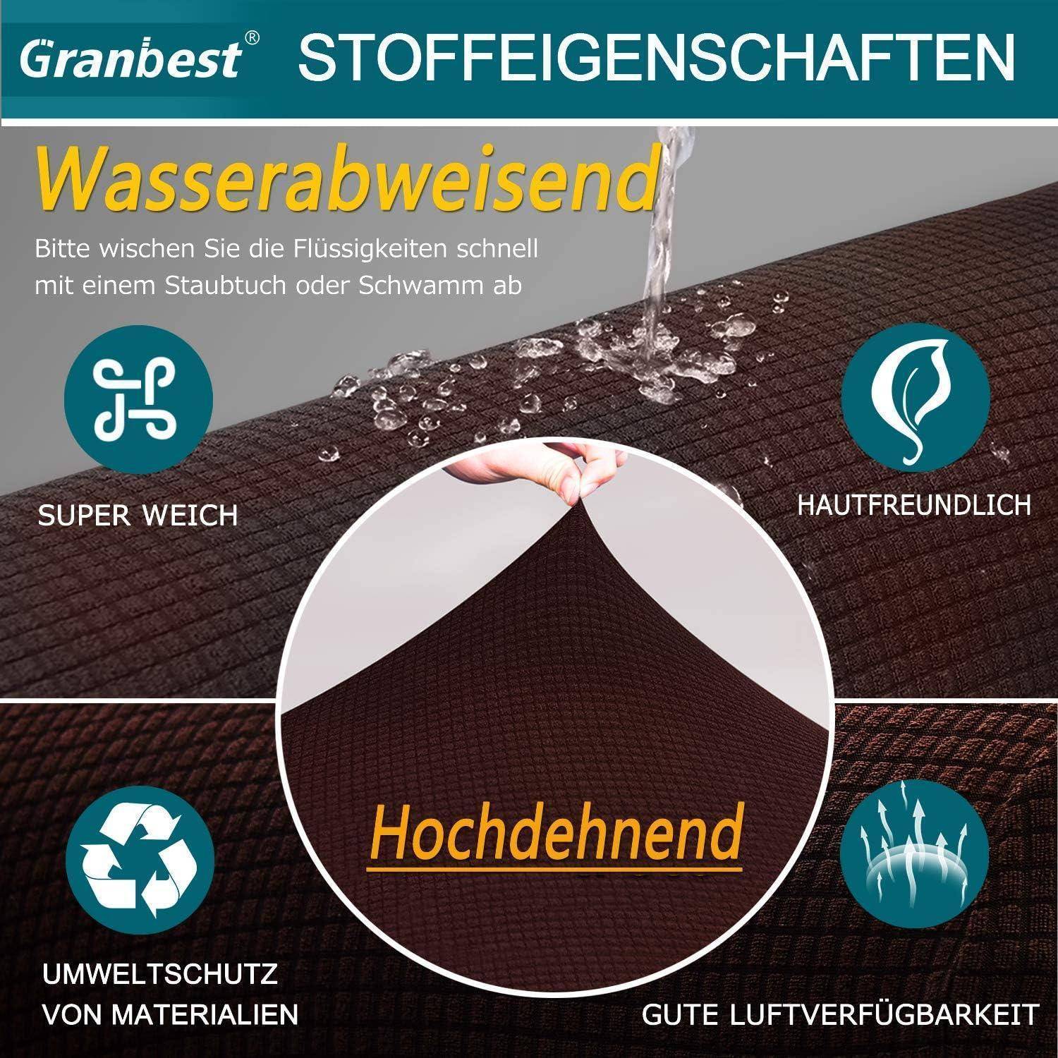 Die Abbildung beschreibt Gewebeeigenschaften: 'Wasserabweisend', 'Super weich', 'Hautfreundlich', 'Umweltschutz der Materialien', 'Gute Luftdurchlässigkeit' und 'Hohe Elastizität'. Eine Hand demonstriert das Dehnen des Gewebes.