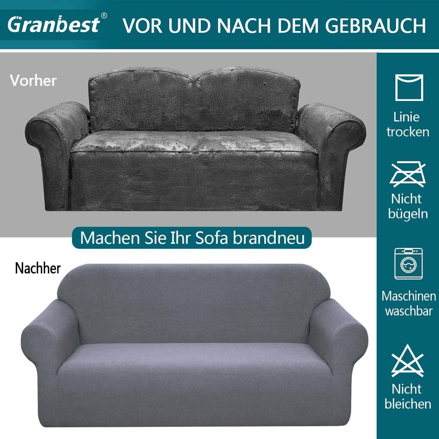 Vorher-Nachher-Bild eines Sofas mit einem Überzug. Oben ist ein alter, fleckiger Sessel zu sehen; unten ein erneuerte, sauberer Sessel mit einem Überzug. Deutsche Etiketten zeigen, dass das Produkt an der Leine getrocknet werden kann, waschmaschinengeeignet ist und nicht gebleicht oder gebügelt werden sollte.