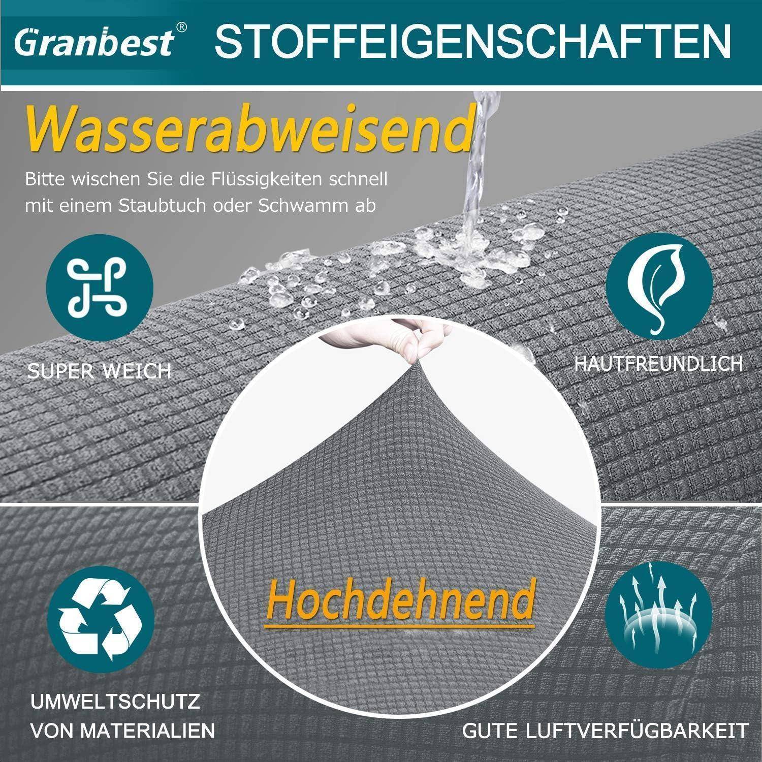 Werbebild für Granbest Stoff mit Betonung der Wasserabweisendheit, bei dem Flüssigkeiten abperlen, sowie Hervorhebung von Eigenschaften wie Weichheit, Hautfreundlichkeit, Umweltschutz und Atmungsaktivität.