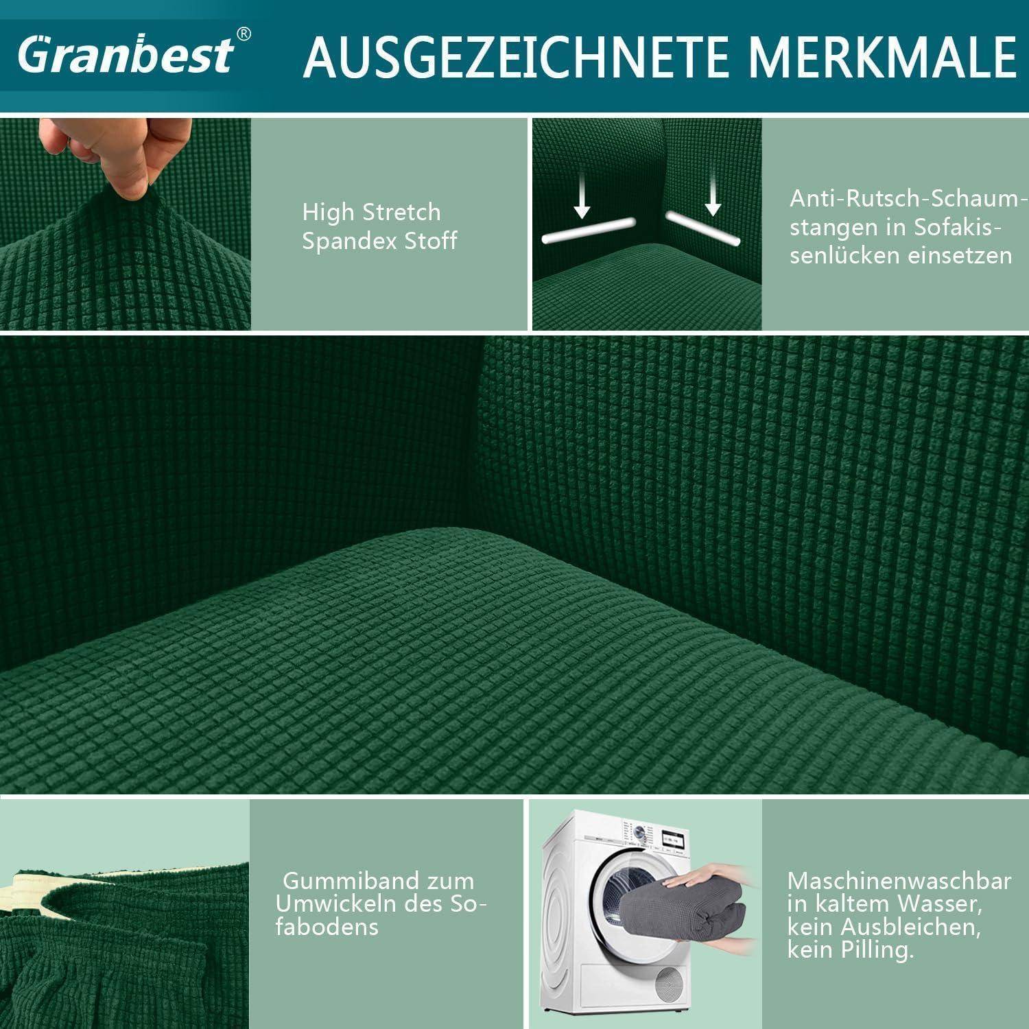 Granbest' Sofabezug verfügt über einen hochelastischen Spandex-Stoff, rutschfeste Schaumstoffeinsätze, Wasserabweisung und Maschinenwäsche-Tauglichkeit.