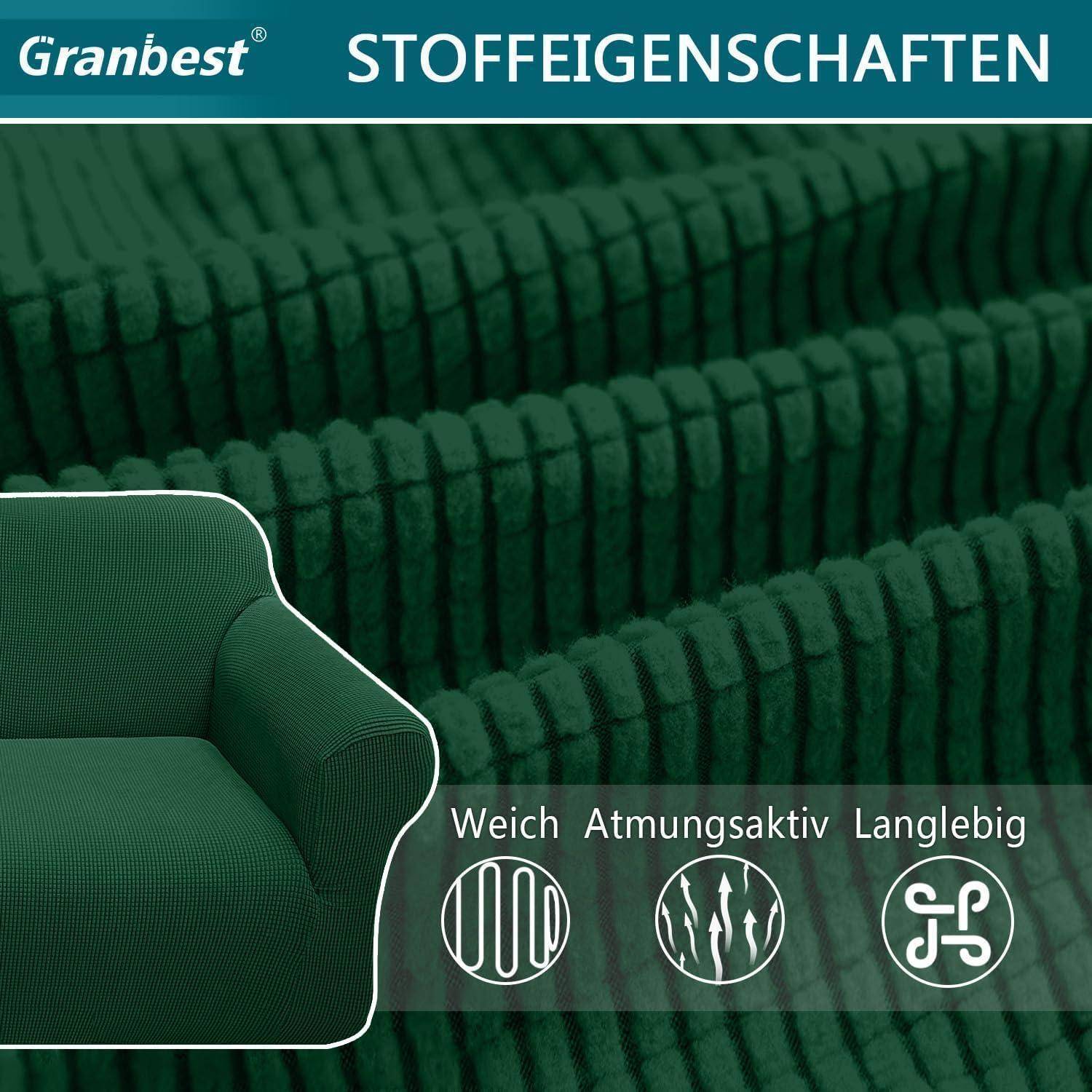Ein dunkelgrüner Stoff mit strukturiertem Muster, präsentiert unter 'STOFFEIGENSCHAFTEN'. Symbole zeigen, dass er weich, atmungsaktiv und langlebig ist.