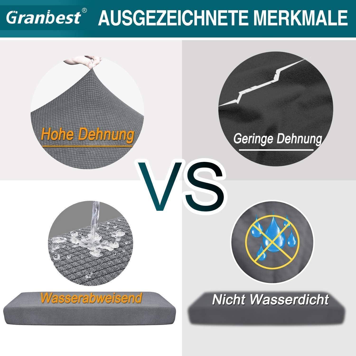 Granbest Herausragende Eigenschaften' Vergleichsbild mit hoher Dehnung, niedriger Dehnung, wasserabweisender und nicht wasserdichter Stoffeigenschaften.