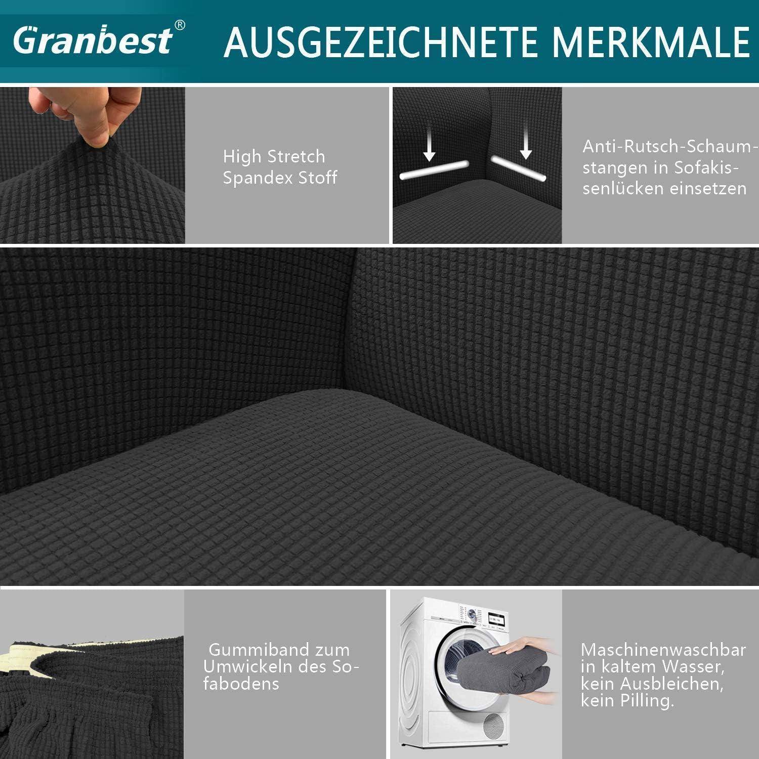 Granbest' Sofabezug verfügt über dehnbaren Stoff, eine rutschfeste Konstruktion, ein elastisches Band zur sicheren Befestigung und ist maschinenwaschbar, dargestellt auf einem Sofa.
