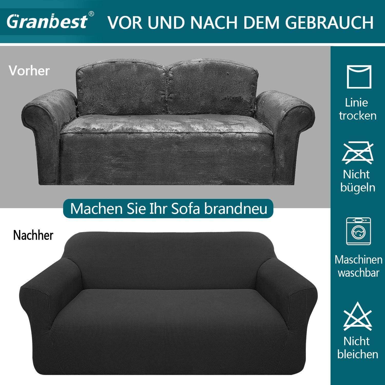 Ein zweiteiliges Bild, das das Aussehen eines Sofas vor und nach der Verwendung eines Überwurfs vergleicht. Der obere Teil zeigt ein altes Sofa, der untere Teil zeigt es wie neu.