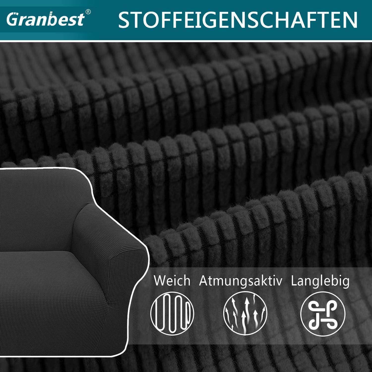 Dunkler gerippter Stoff deckt die Weichheit, Atmungsaktivität und Langlebigkeit hervor. Stühle sind in der unteren Ecke vor einem Stoffhintergrund platziert.