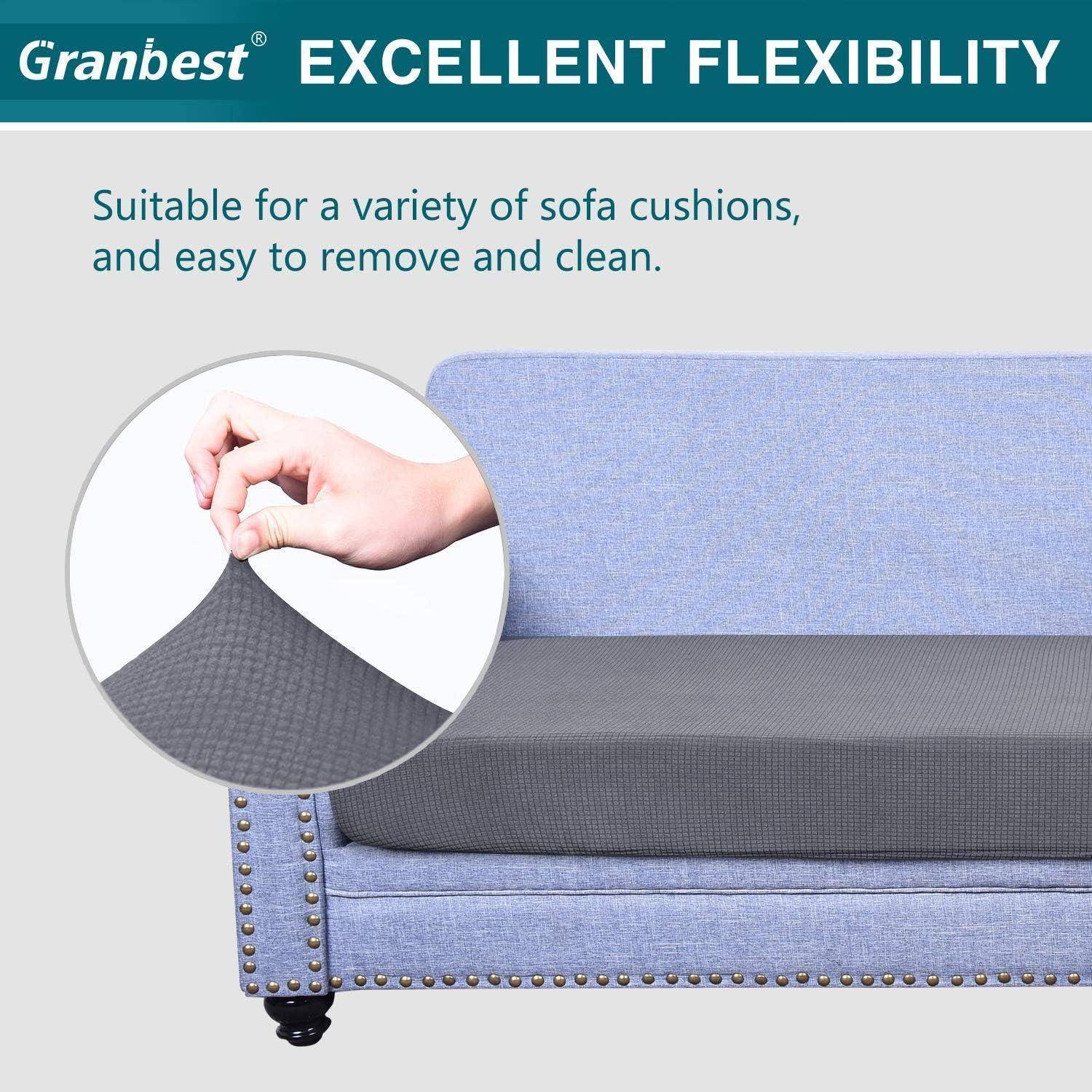 Blaues Sofa mit grauem, flexiblem Bezug. Texthighlights 'Hervorragende Flexibilität', geeignet für Sofa-Sitzkissen, leicht zu entfernen und zu reinigen.