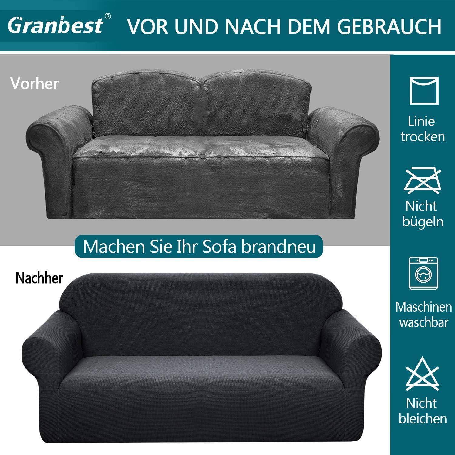 Sofa vor und nach dem Einsatz der Granbest Sofaüberwurfhülle; oberes Bild zeigt abgenutztes Sofa, unteres Bild zeigt neues Aussehen. Die Sofaüberwurfhülle ist maschinenwaschbar.