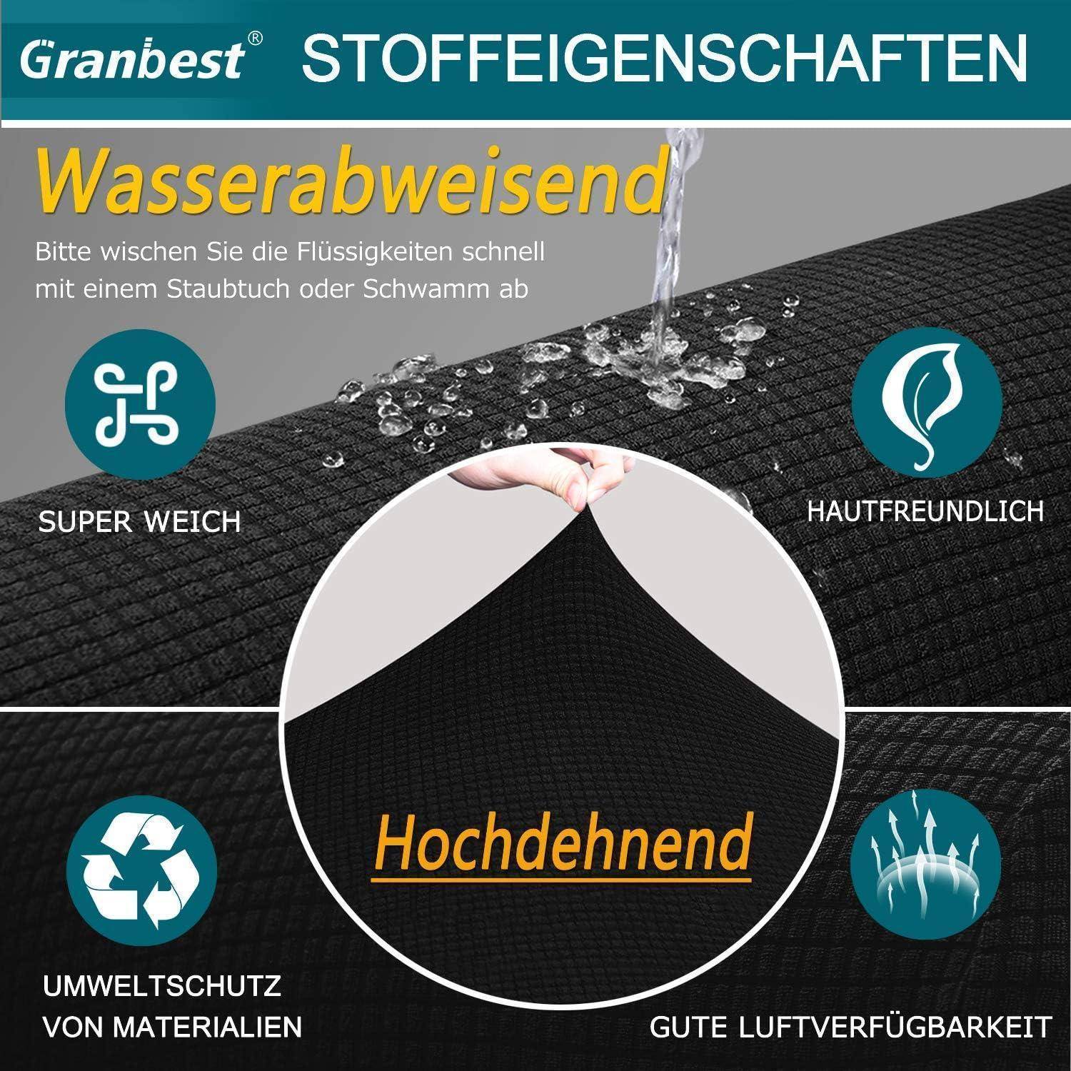 Das Bild beschreibt Stoffeigenschaften: wasserabweisend, super weich, hautfreundlich, mit hervorgehobener hoher Dehnbarkeit. Es erwähnt Umweltschutz im Material und gute Atmungsaktivität.
