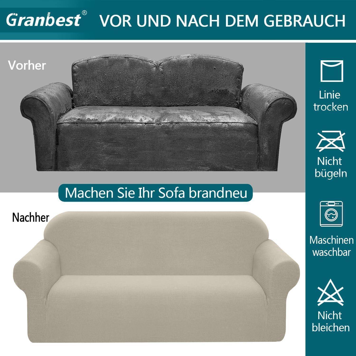 Vergleichsbild, das ein abgenutztes Sofa mit der Bezeichnung 'Vorher' in Schwarz-Weiß und ein restauriertes Sofa mit der Bezeichnung 'Nachher' in Beige zeigt. Text lautet 'Machen Sie Ihr Sofa brandneu'.