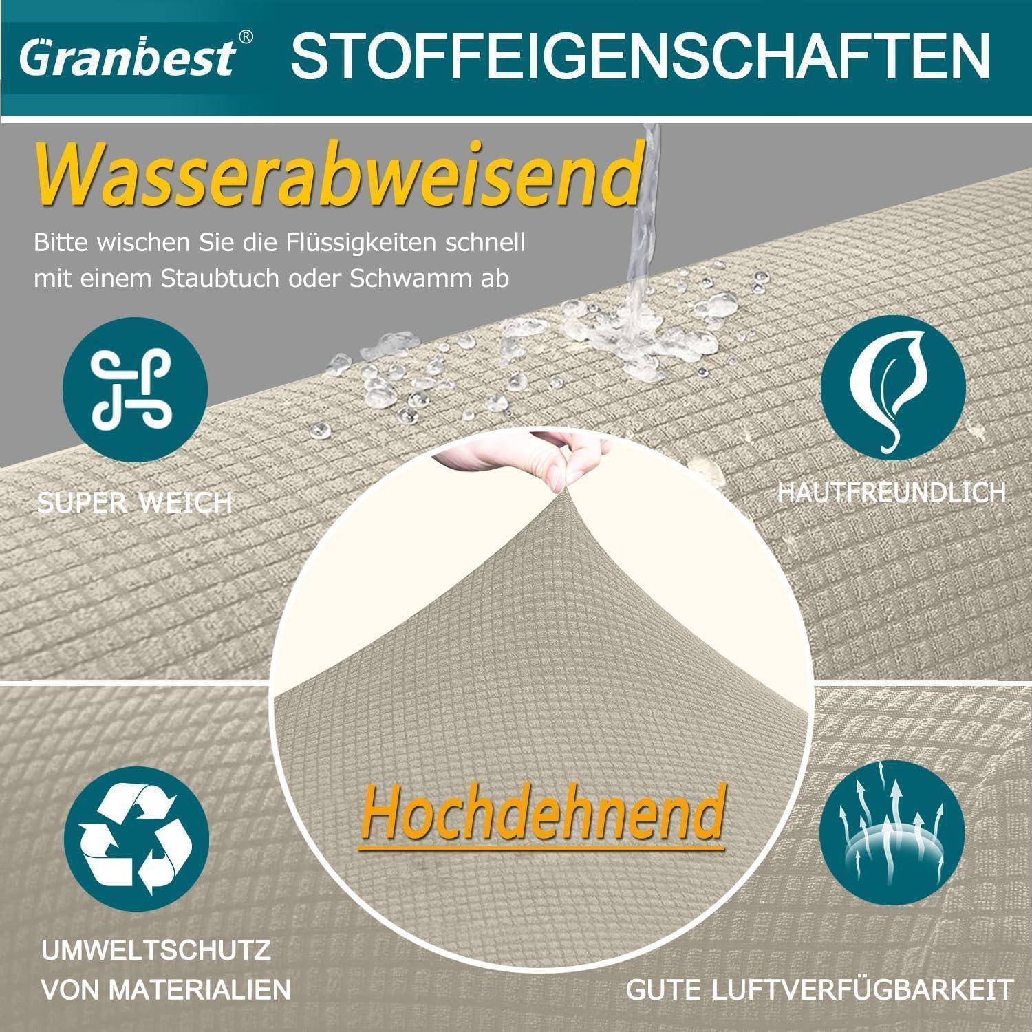 Das Bild zeigt einen Stoff mit Wassertropfen, gekennzeichnet mit 'Wasserabweisend'. Eigenschaften: 'Super weich', 'Hautfreundlich', 'Hochdehnend', 'Umweltschutz von Materialien', 'Gute Luftverfügbarkeit'.
