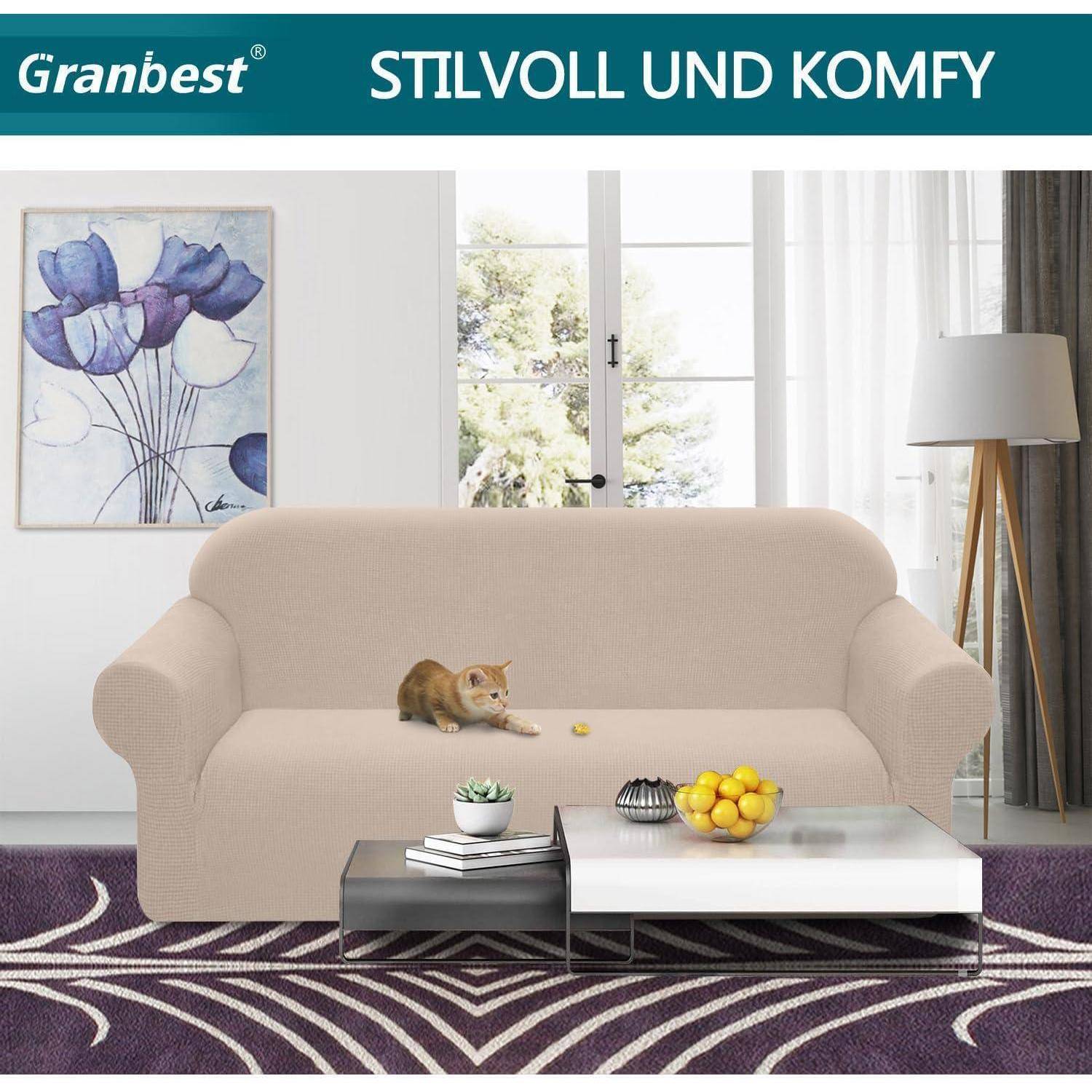 Ein gemütliches Wohnzimmer mit einem beigen Sofa, einer kleinen Katze und einem modernen Couchtisch. Eine Lampe und abstrakte Kunstwerke verleihen stilvolle Elemente.