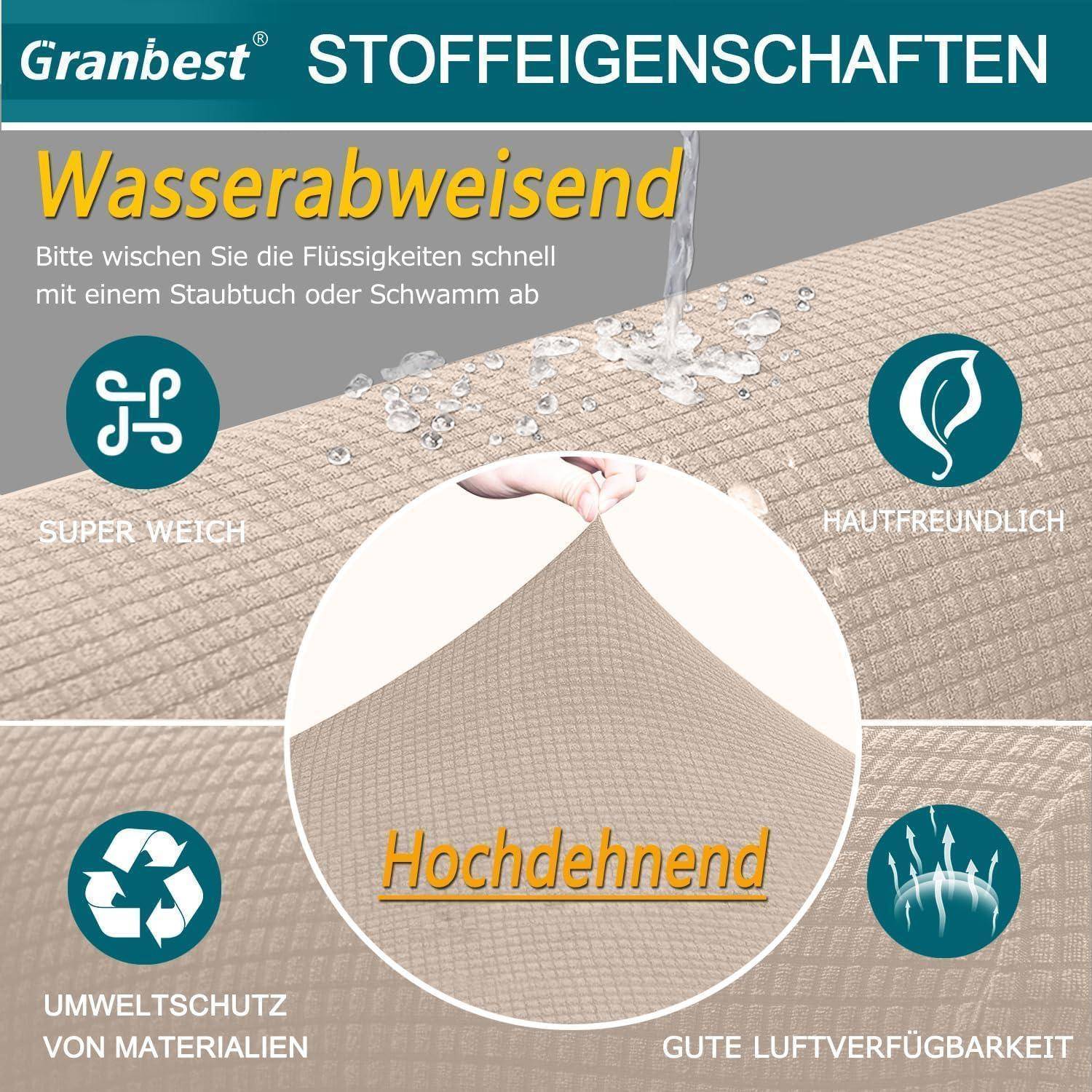 Granbest Stoffeigenschaften: Wasserabweisend' Etikett mit Hinweis, Flüssigkeiten schnell abzuwischen. Symbole veranschaulichen Eigenschaften: super weich, hautfreundlich, umweltfreundlich, atmungsaktiv und dehnbar.