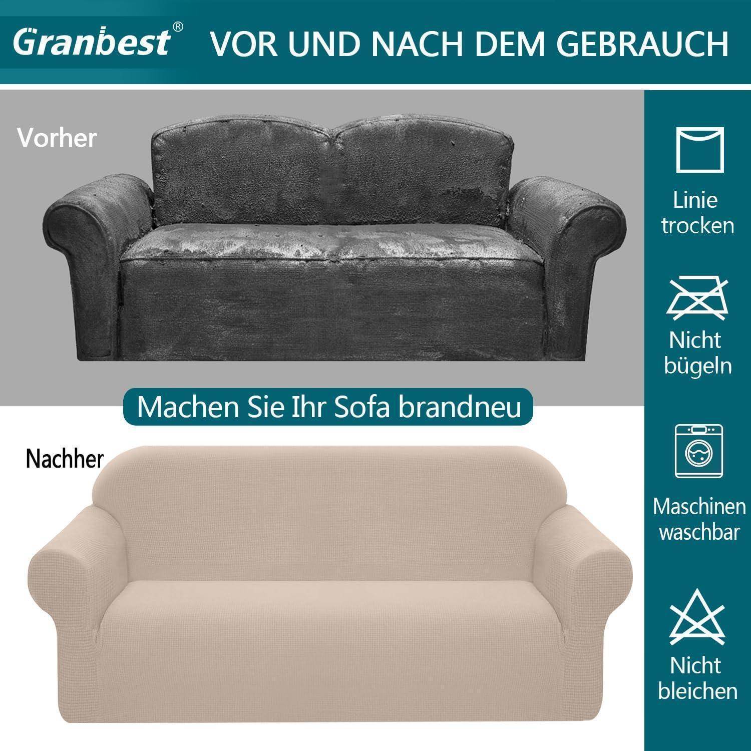 Bild zeigt ein Sofa vor und nach der Verwendung einer Granbest Husse. Das Vorher-Bild zeigt ein abgenutztes, dunkles Sofa; das Nachher-Bild zeigt ein sauberes, beiges Sofa. Aufgeführte Merkmale: an der Leine trocknen, kein Bügeln, maschinenwäschetauglich, keine Bleichmittel.