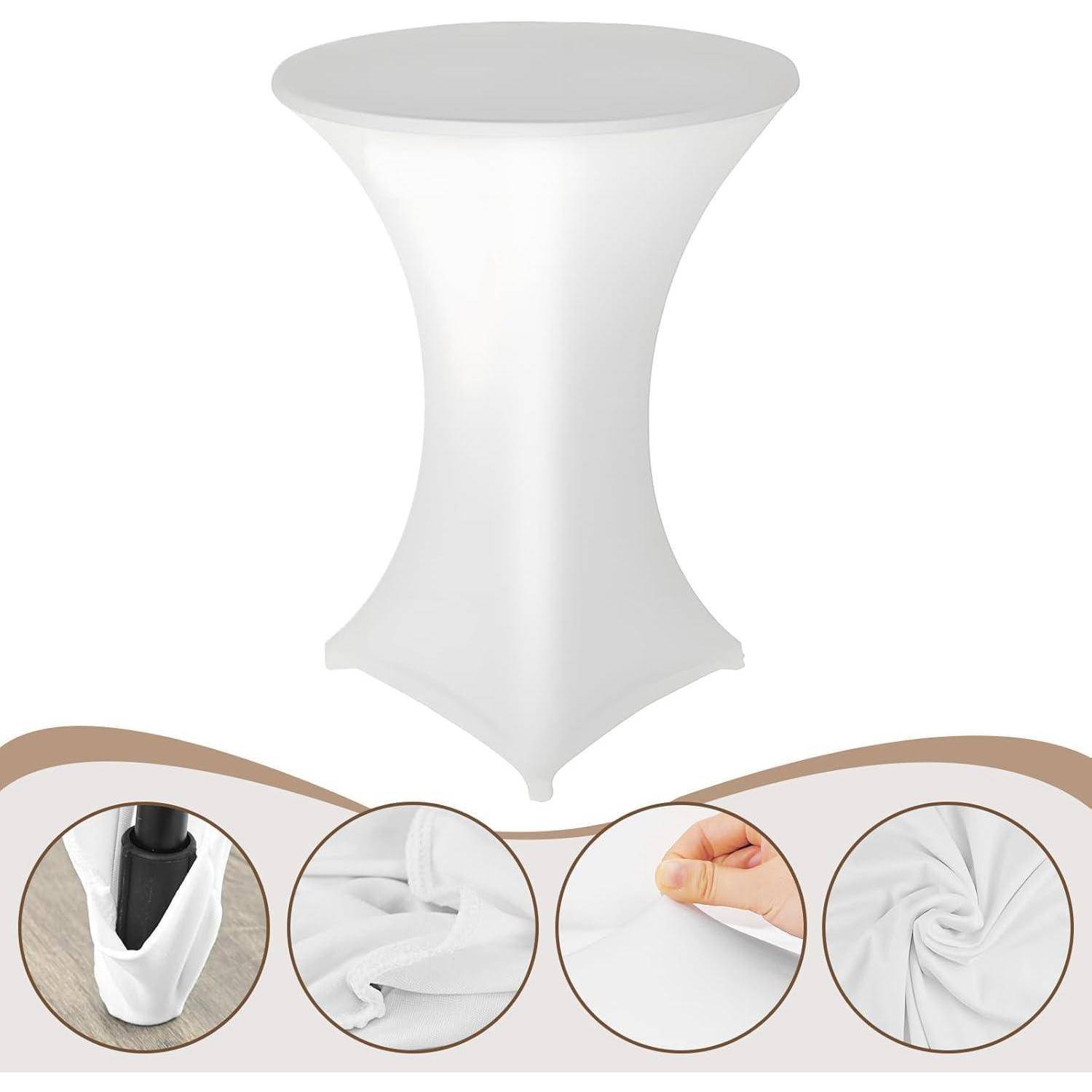 Weiße Spandex-Cocktailtischdecke mit enger Passform, die auf einem runden Tisch präsentiert wird. Einblendungen zeigen elastische Fußtaschen und Gewebetexturdetails.