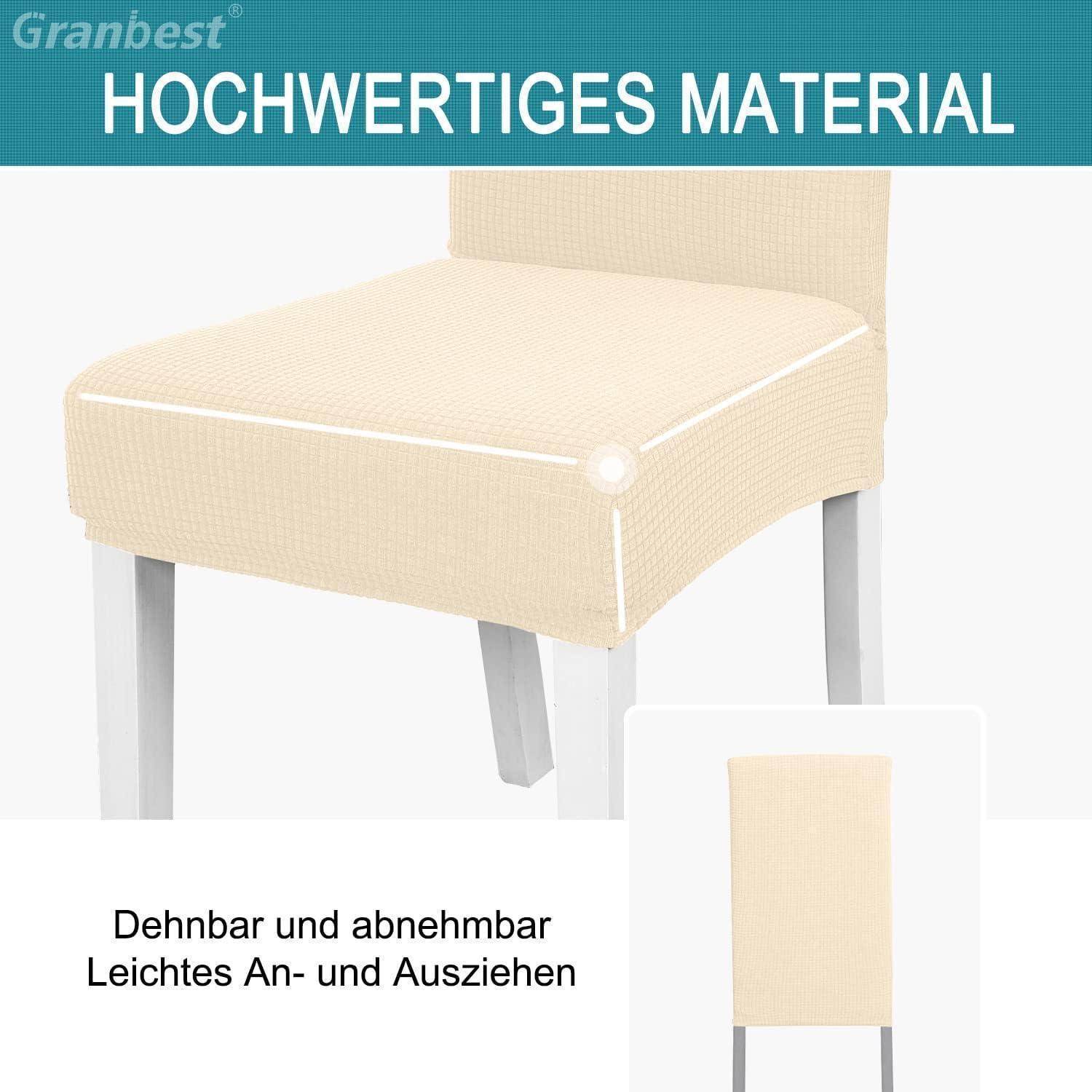 Beiger Stuhlbezug aus strukturiertem Stoff, der auf einem Esszimmerstuhl präsentiert wird; Einblendung zeigt den dehnbaren Sitz. Text lautet 