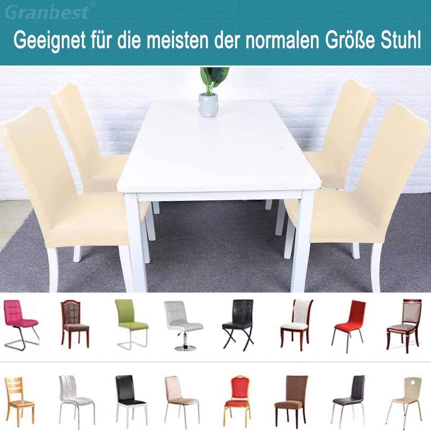 Weißer Esstisch mit sechs beigen Stühlen darum herum. Eine Auswahl verschiedener Stuhlstile wird unterhalb des Tischbildes zum Vergleich gezeigt. Text darüber liest: 'Geeignet für die meisten der normalen Größe Stuhl'.