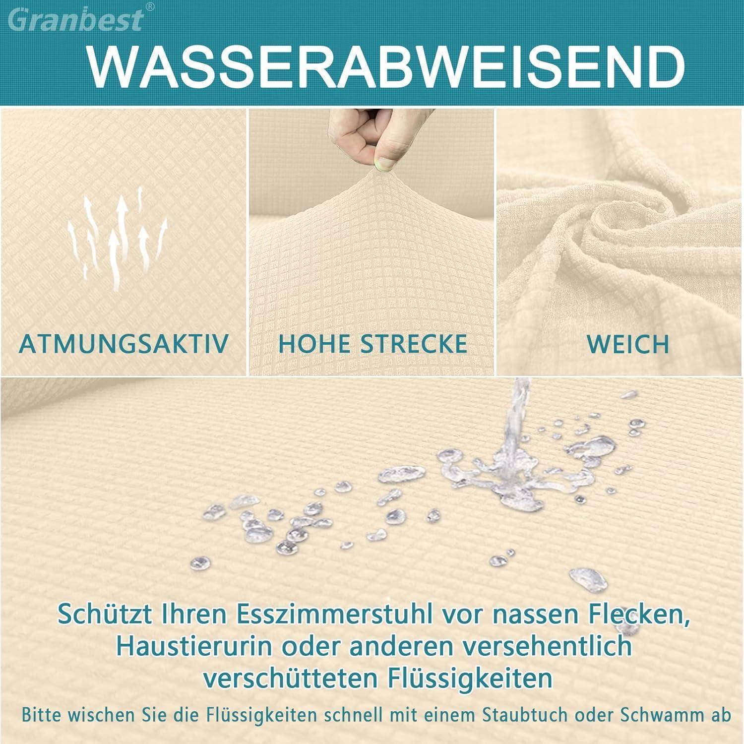 Wasserdichte Stuhlüberzug: atmungsaktiv, dehnbar, weich. Schützt vor Flecken und Verschüttungen. Wischen Sie Flüssigkeiten umgehend mit einem Tuch oder Schwamm ab.