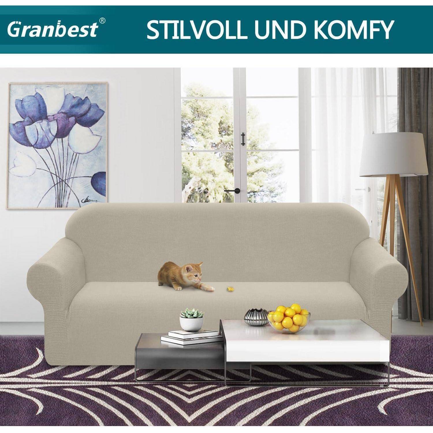 Ein beige Sofa, bedeckt mit einer Katze, die darauf sitzt, ein Couchtisch mit Büchern und gelben Früchten davor, ein Blumengemälde und ein Fensterblick.