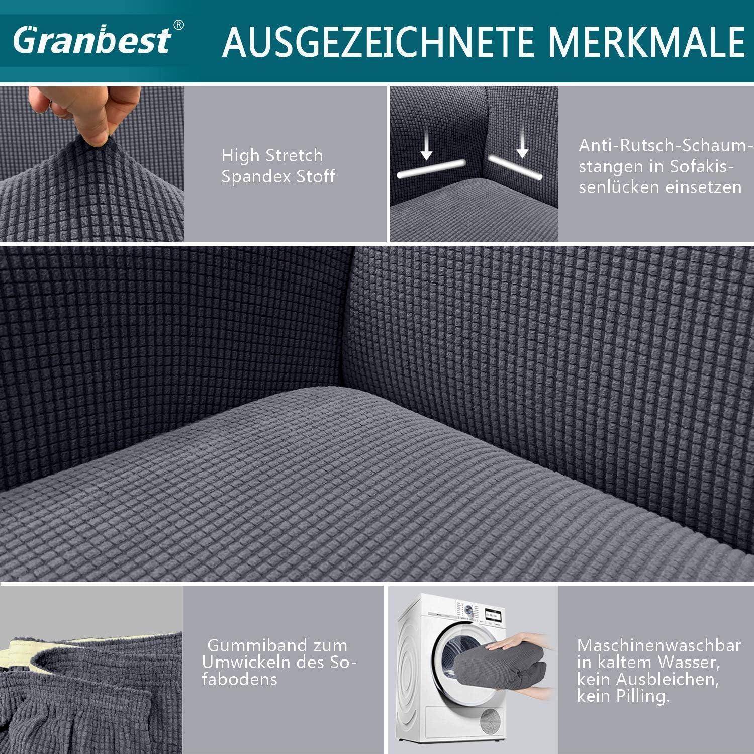Das Bild präsentiert einen grauen, dehnbaren Sofabezug mit rutschhemmenden Eigenschaften, der maschinenwaschbar ist und seine Pillingresistenz betont.
