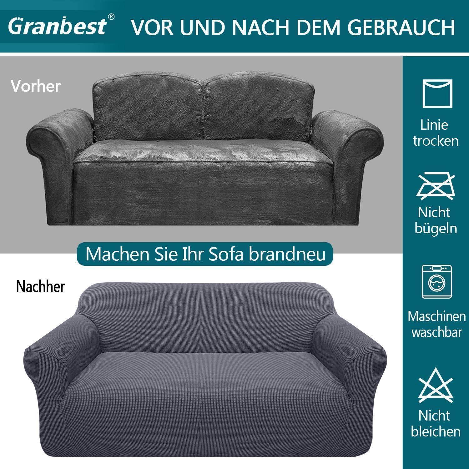 Sofabezüge: vorher und nachher. Vorher: abgenutztes, graues Sofa. Nachher: erneuerte, dunkle Bezüge. Eigenschaften: zum Trocknen aufhängen, maschinell waschbar.